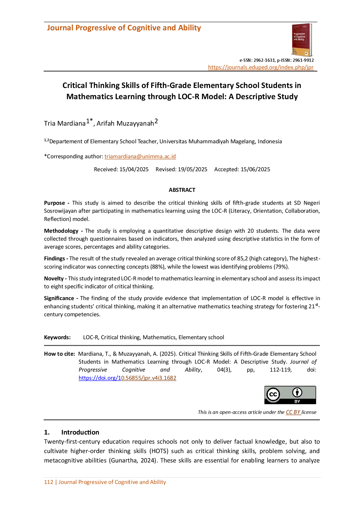 juris Critical Thinking Skills of Fifth Grade Elementary School Students in Mathematics Learning through LOC R Model A Descriptive Study