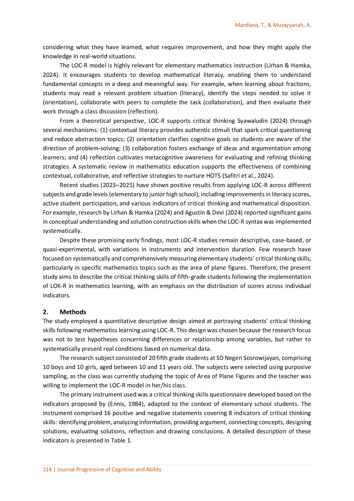 juris Critical Thinking Skills of Fifth Grade Elementary School Students in Mathematics Learning through LOC R Model A Descriptive Study