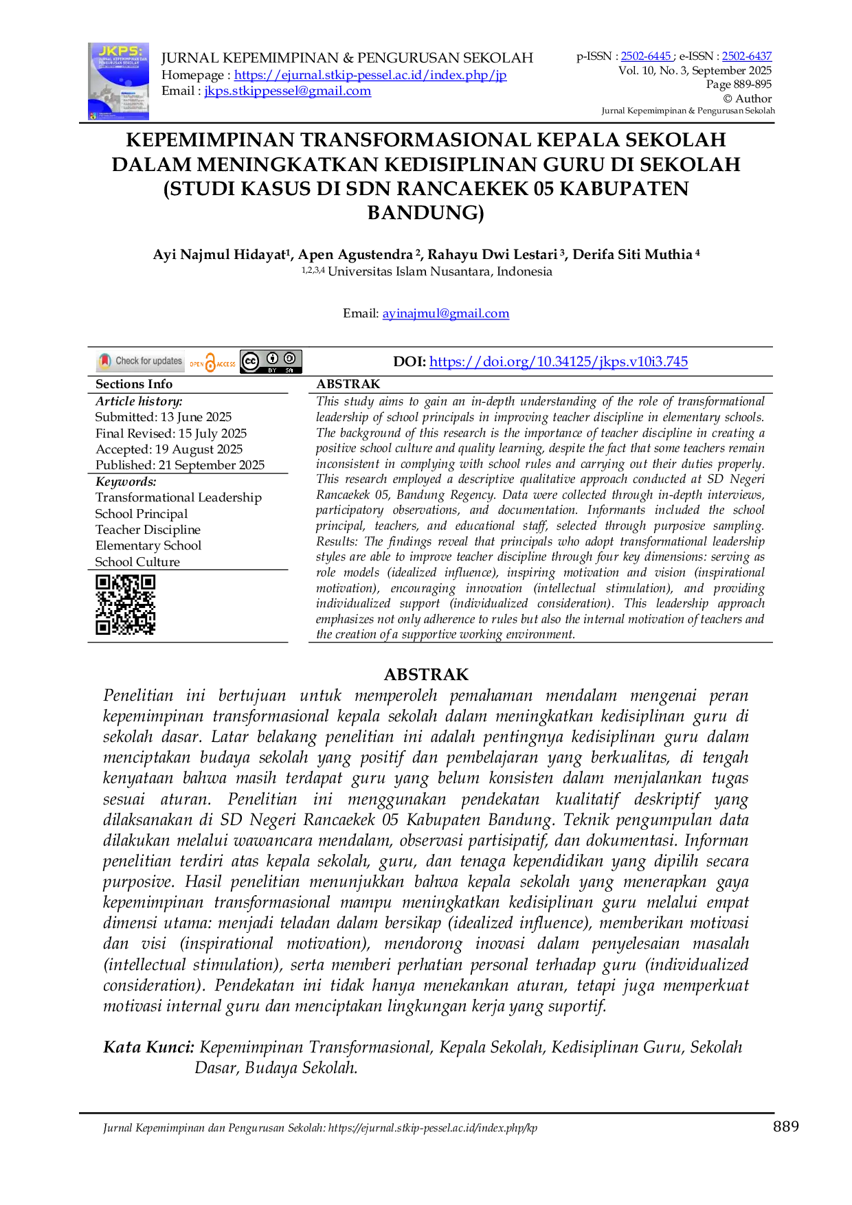 JURIS Kepemimpinan Transformasional Kepala Sekolah Dalam Meningkatkan Kedisiplinan Guru Di Sekolah