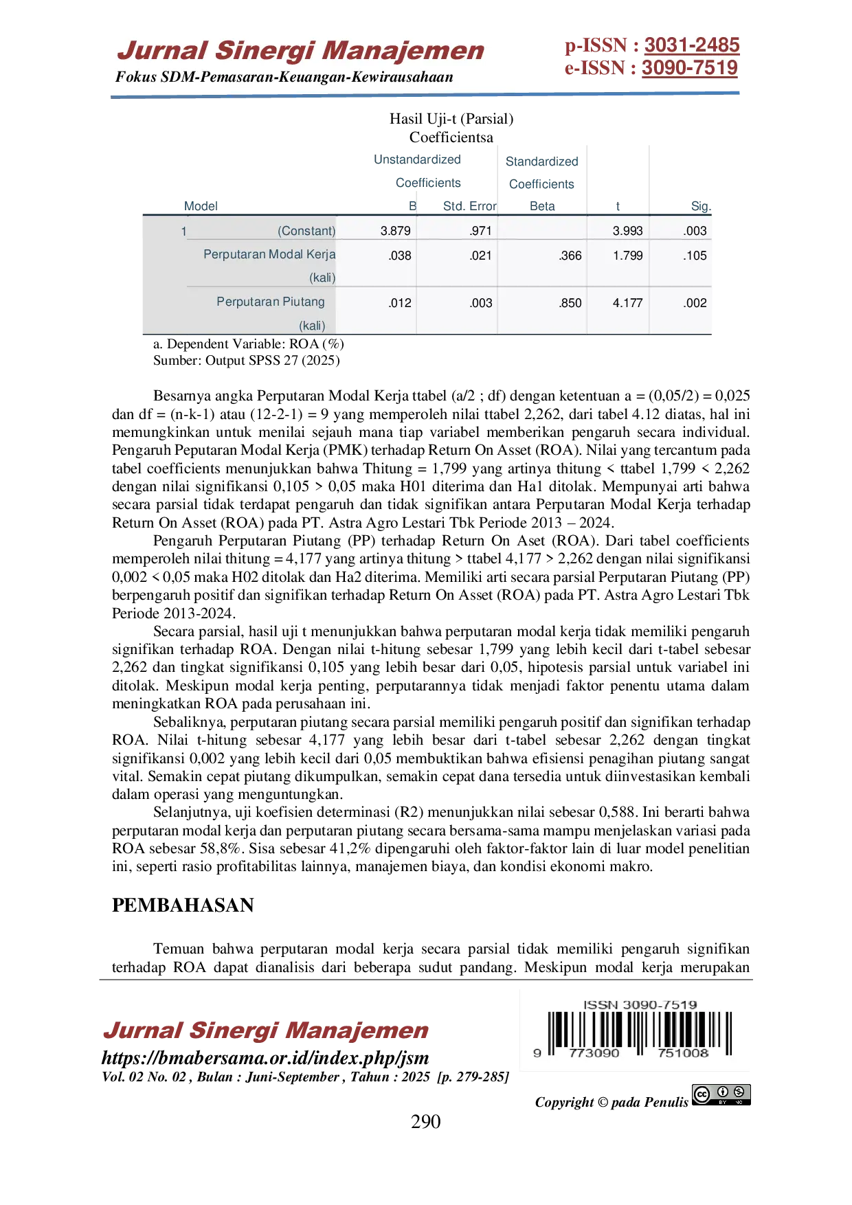 JURIS Pengaruh Perputaran Modal Kerja dan Perputaran Piutang terhadap Return On Asset pada PT Astra Agro Lestari Tbk Periode 2013 2024