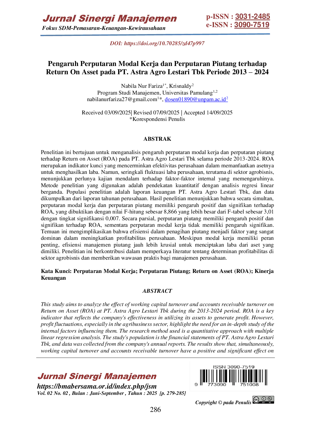 JURIS Pengaruh Perputaran Modal Kerja dan Perputaran Piutang terhadap Return On Asset pada PT Astra Agro Lestari Tbk Periode 2013 2024