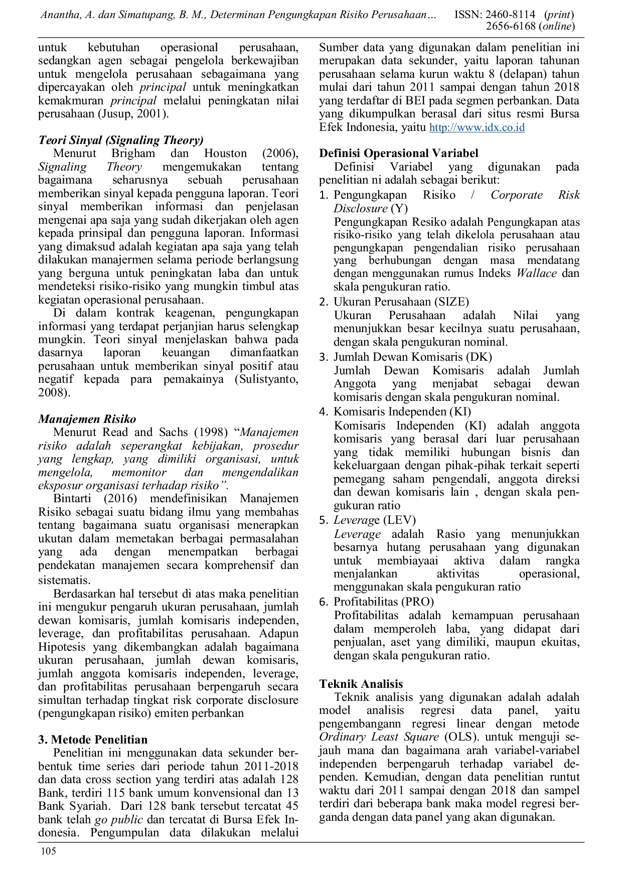 JURIS Determinan Pengungkapan Risiko Perusahaan Corporate Risk Disclosure Emiten Perbankan di Bursa Efek Indonesia