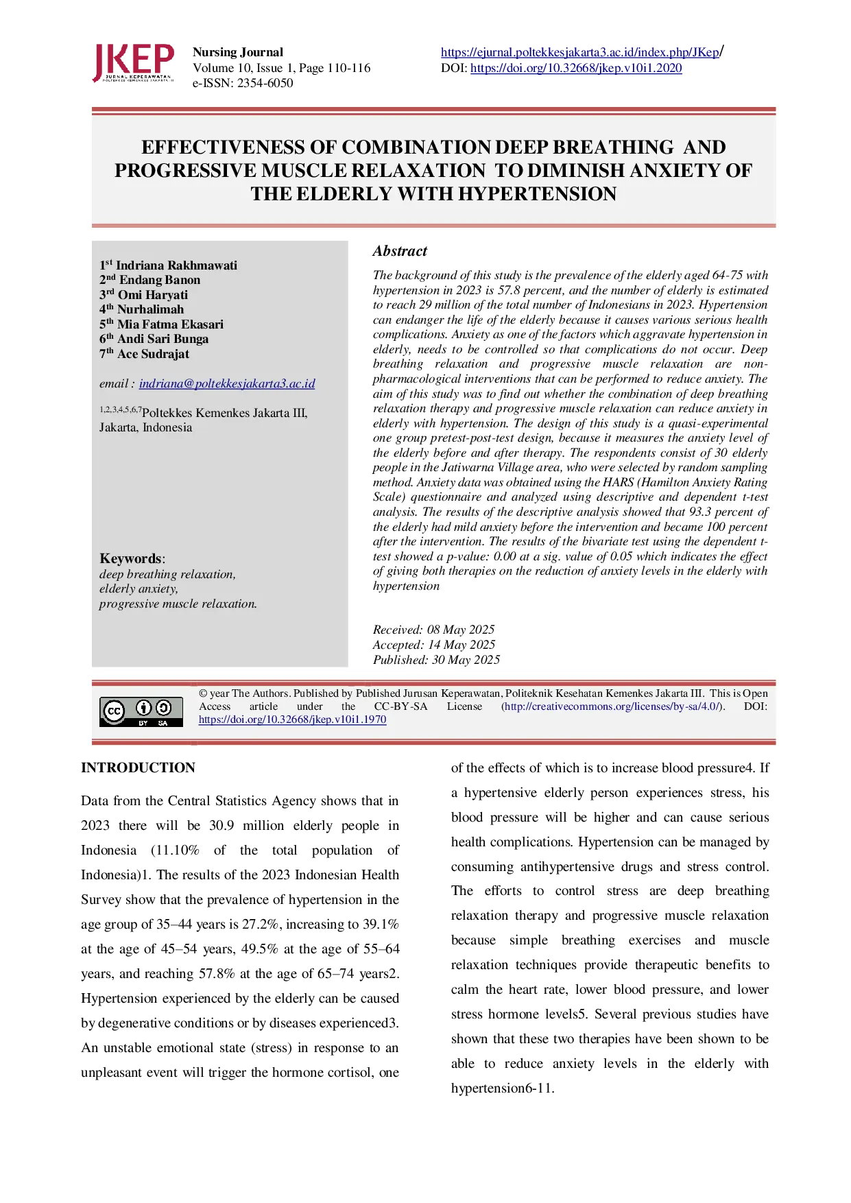 JURIS Effectiveness of Combination Deep Breathing and Progressive Muscle Relaxation to Diminish Anxiety of the Elderly With Hypertension