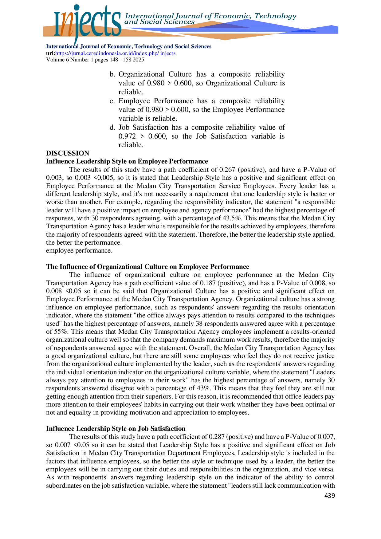 JURIS Pengaruh Gaya Kepemimpinan dan Budaya Organisasi Terhadap Kinerja Karyawan Melalui Kepuasan Kerja sebagai Variabel Intervening di Dinas Perhubungan Kota Medan