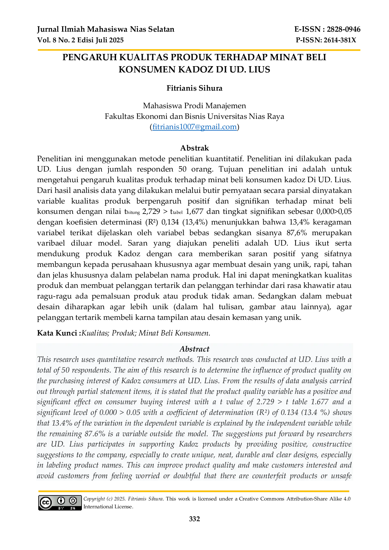 JURIS Pengaruh Kualitas Produk Terhadap Minat Beli Konsumen Kadoz Di UD Lius