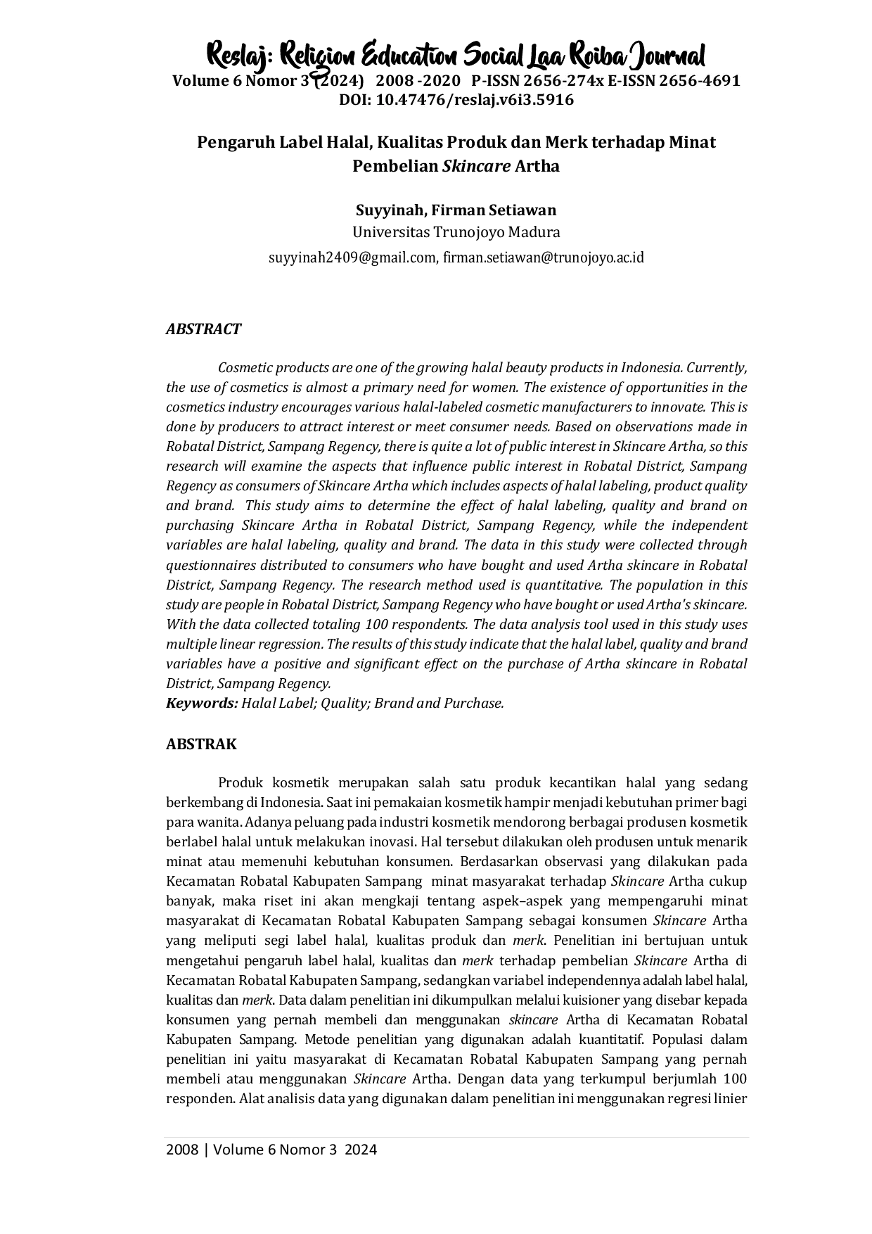 JURIS Pengaruh Label Halal Kualitas Produk dan Merk terhadap Minat Pembelian Skincare Artha
