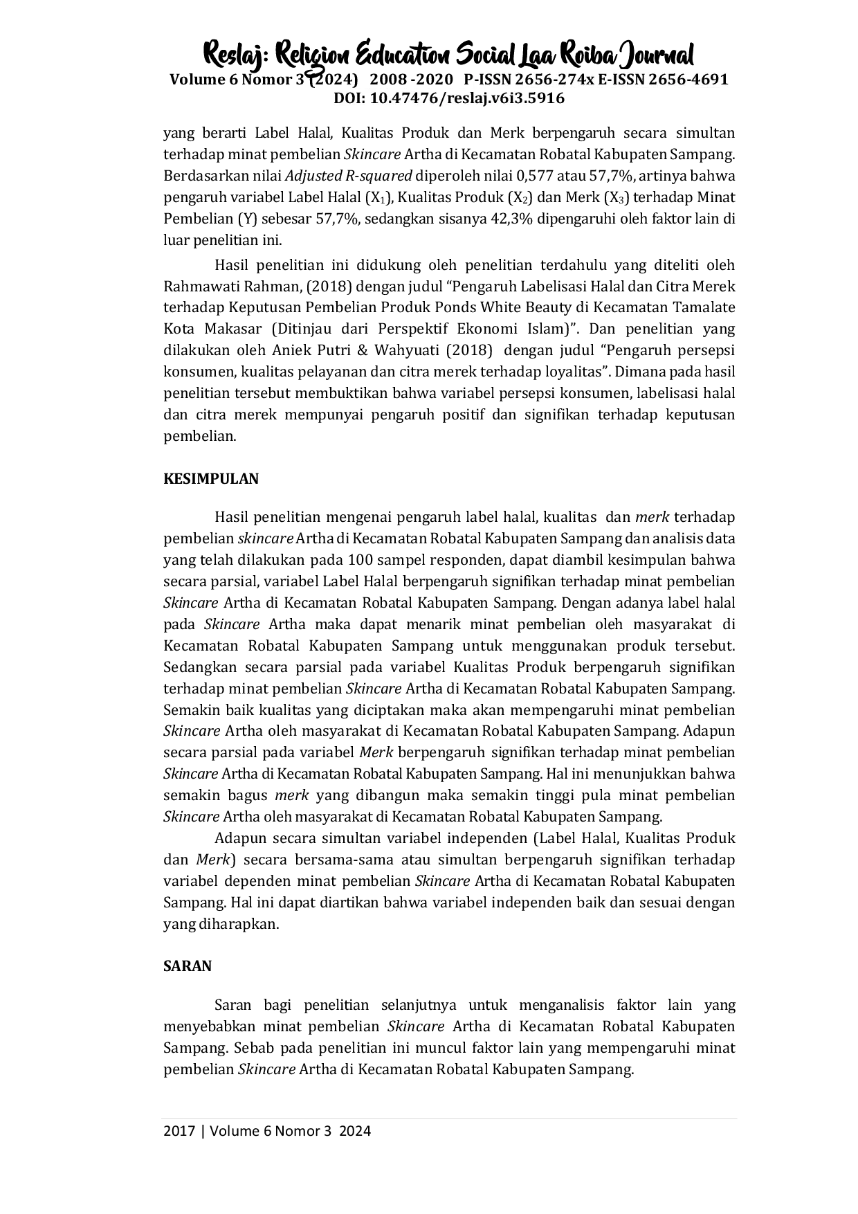 JURIS Pengaruh Label Halal Kualitas Produk dan Merk terhadap Minat Pembelian Skincare Artha