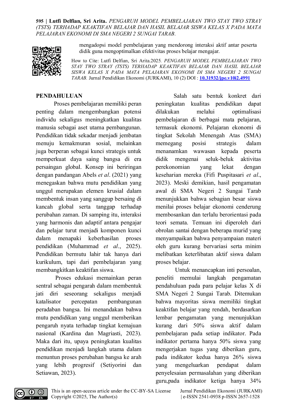 JURIS Pengaruh Model Pembelajaran Two Stay Two Stray TSTS Terhadap Keaktifan Belajar Dan Hasil Belajar Siswa Kelas X Pada Mata Pelajaran Ekonomi Di SMA Negeri 2 Sungai Tarab