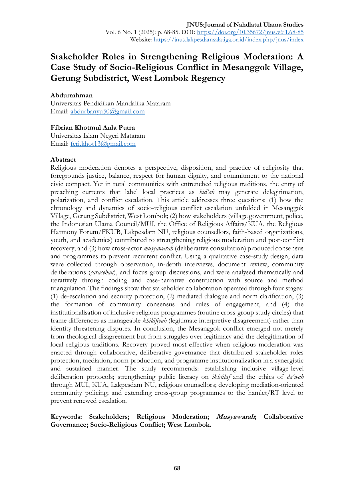 JURIS Stakeholder Roles in Strengthening Religious Moderation A Case Study of Socio Religious Conflict in Mesanggok Village Gerung Subdistrict West Lombok Regency