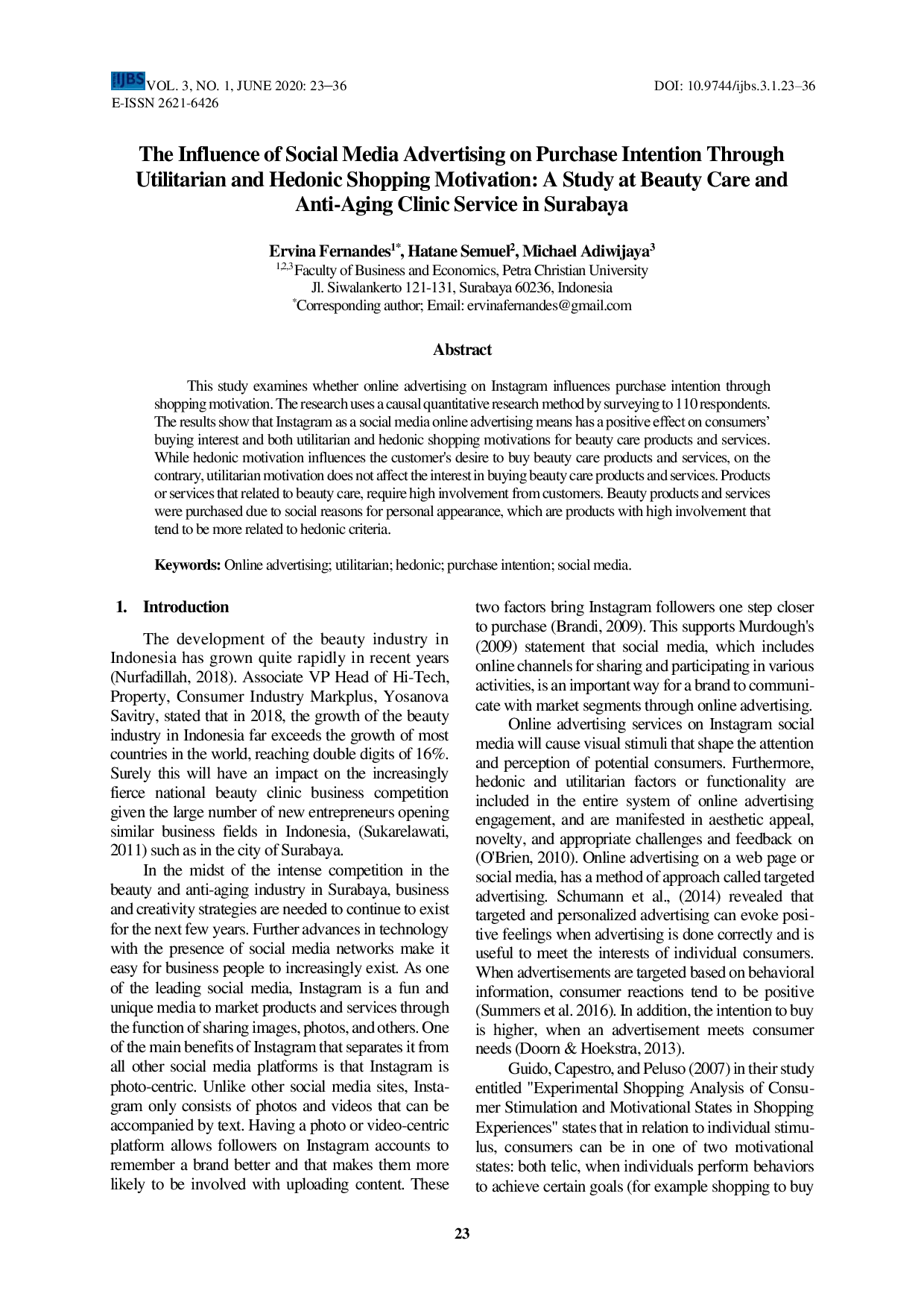 JURIS The Influence of Social Media Advertising on Purchase Intention Through Utilitarian and Hedonic Shopping Motivation A Study at Beauty Care and Anti Aging Clinic Service in Surabaya