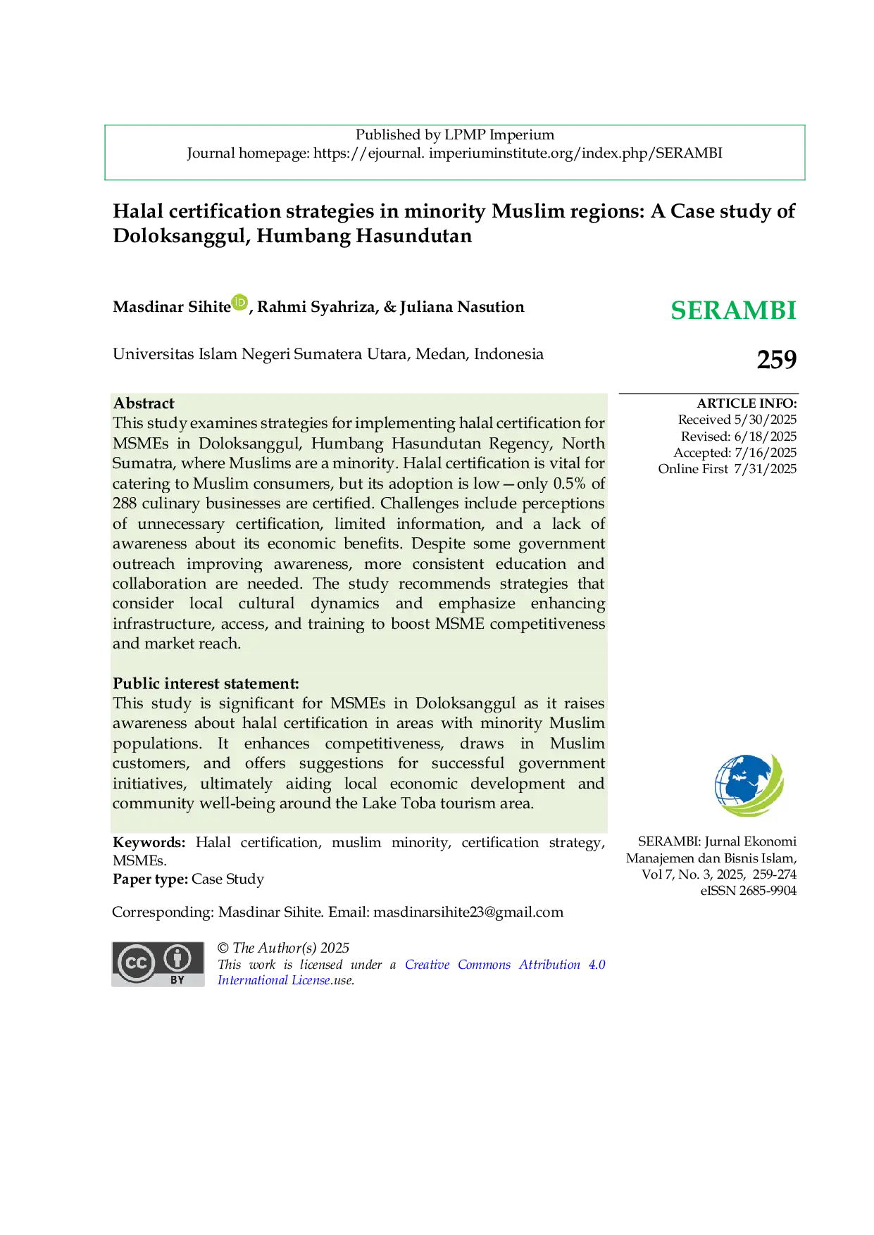JURIS Halal certification strategies in minority Muslim regions A Case study of Doloksanggul Humbang Hasundutan