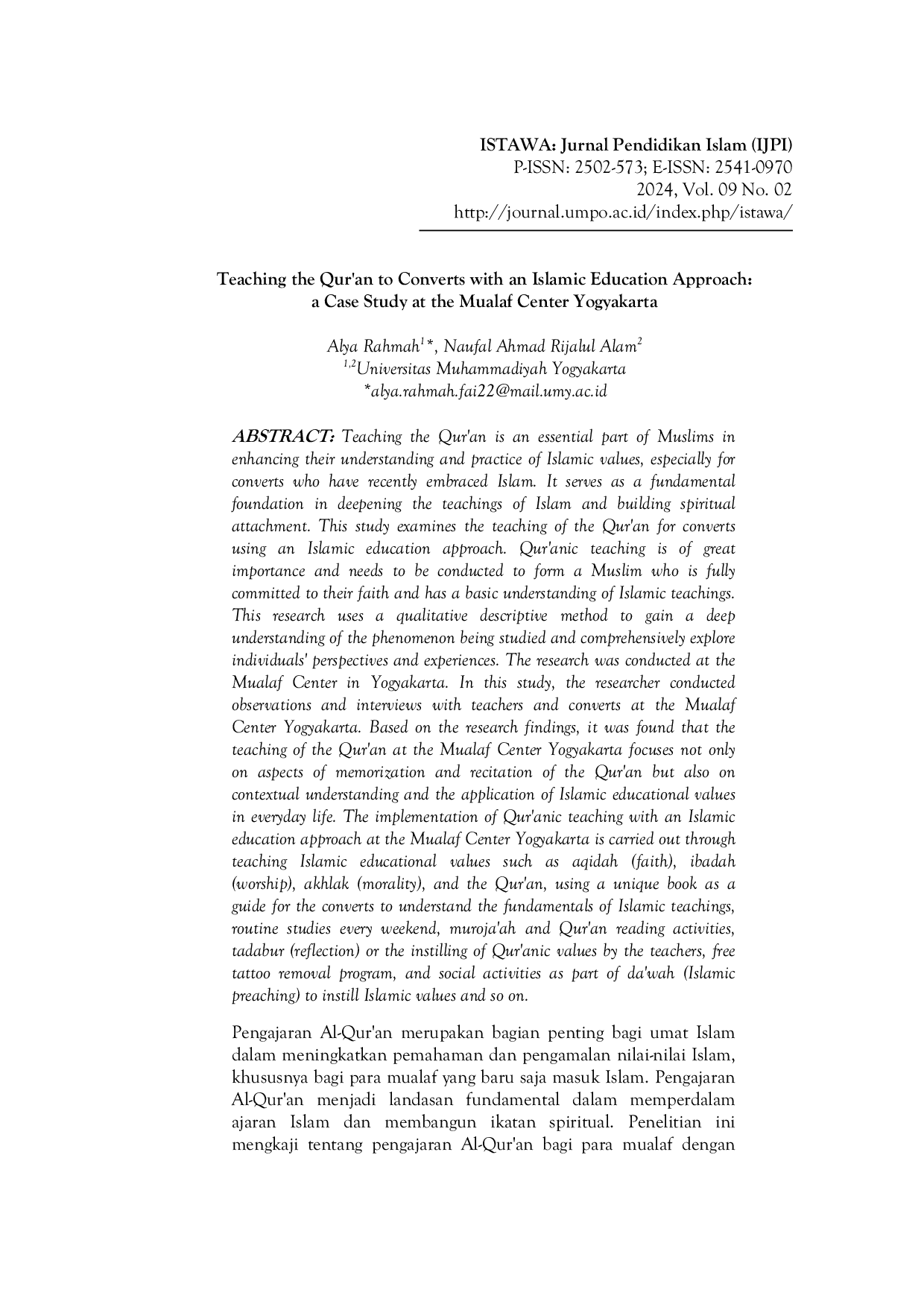 JURIS Teaching The Qur an to Converts with An Islamic Education Approach A Case Study at the Mualaf Center Yogyakarta