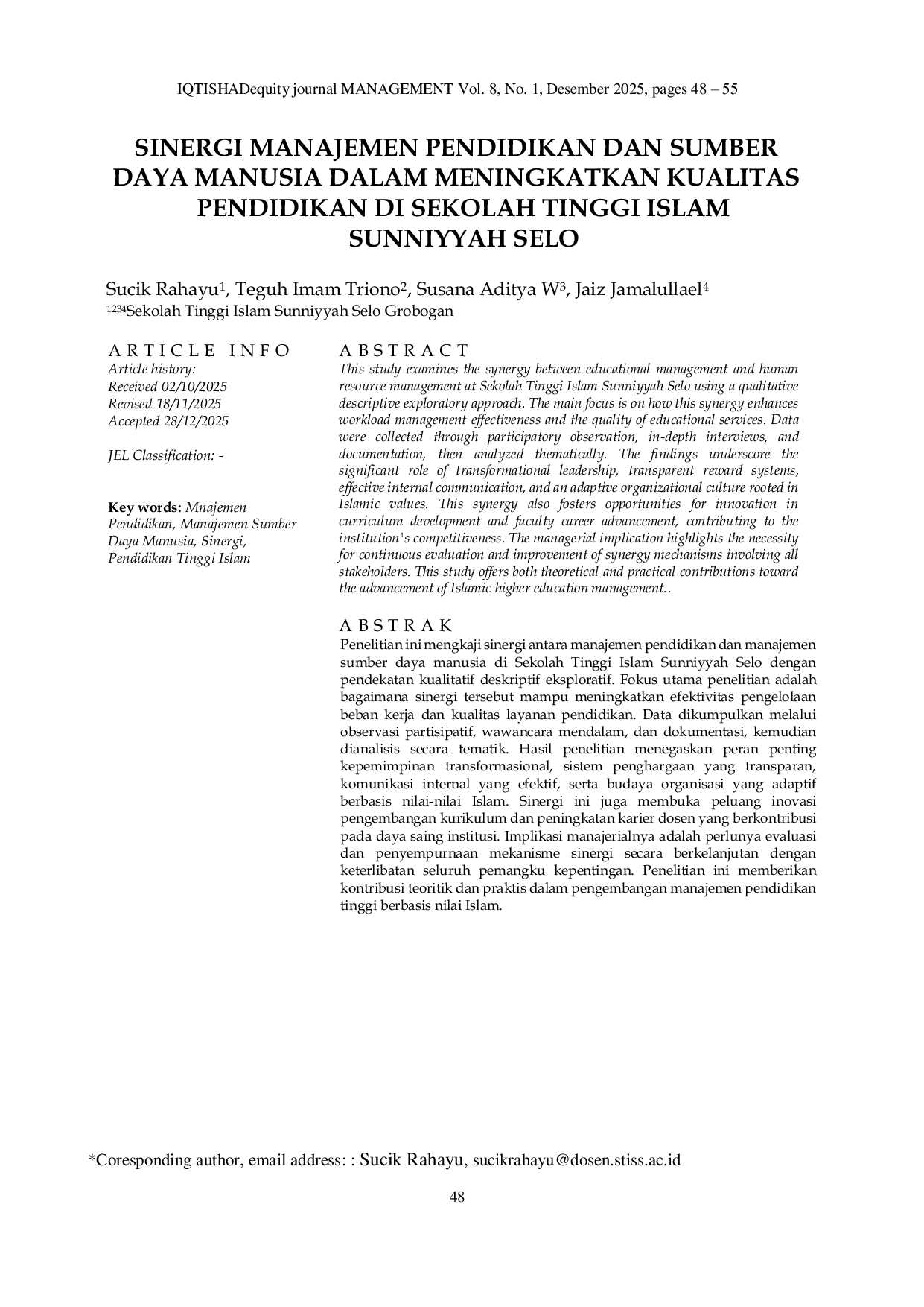 JURIS Sinergi Manajemen Pendidikan Dan Sumber Daya Manusia Dalam Meningkatkan Kualitas Pendidikan Di Sekolah Tinggi Islam Sunniyyah Selo