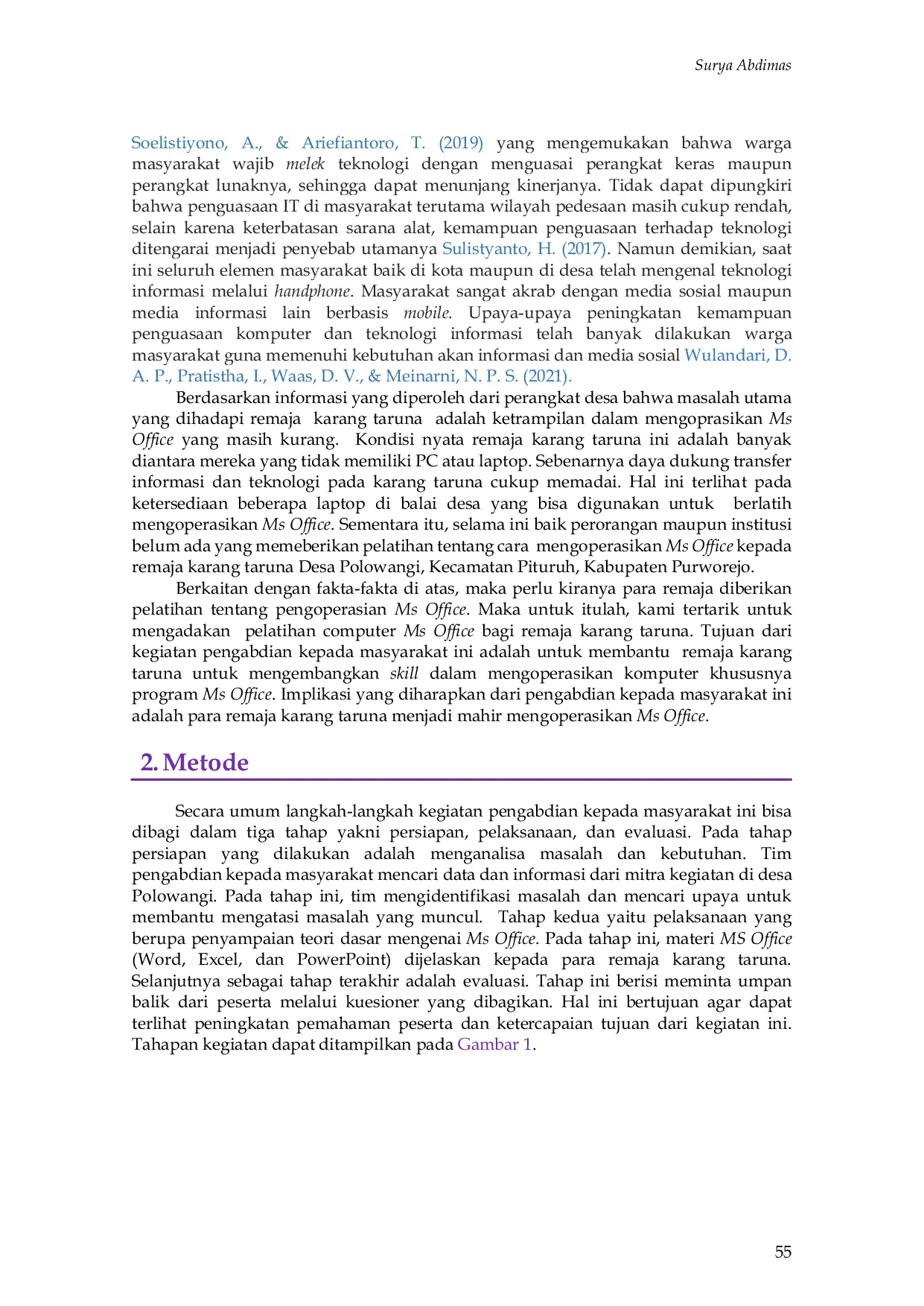 JURIS Pelatihan Komputer Ms Office Bagi Remaja Anggota Karang Taruna di Desa Polowangi Kecamatan Pituruh Kabupaten Purworejo