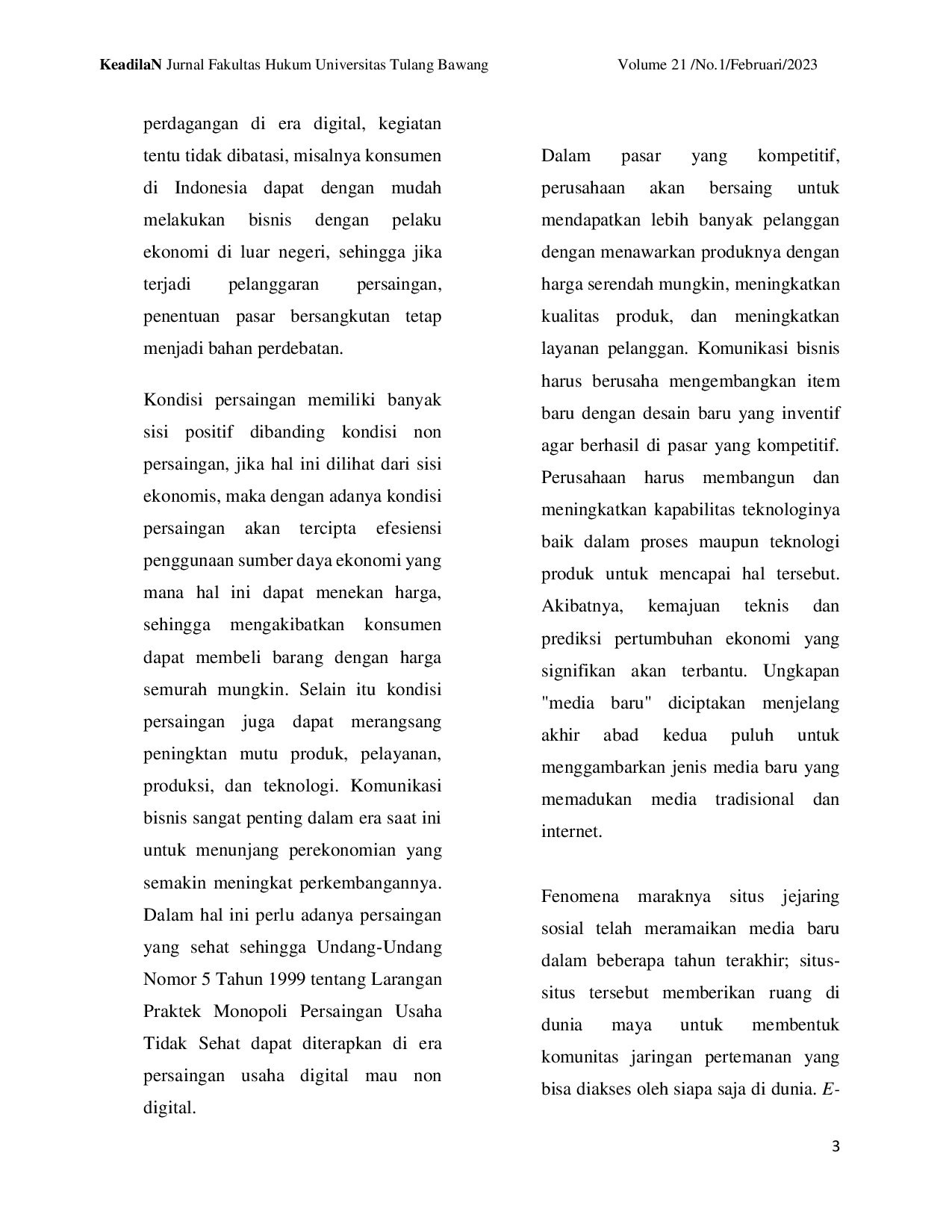 JURIS Konvergensi Hukum Persaingan Usaha Terhadap Komunikasi Bisnis di Sektor Ekonomi Digital