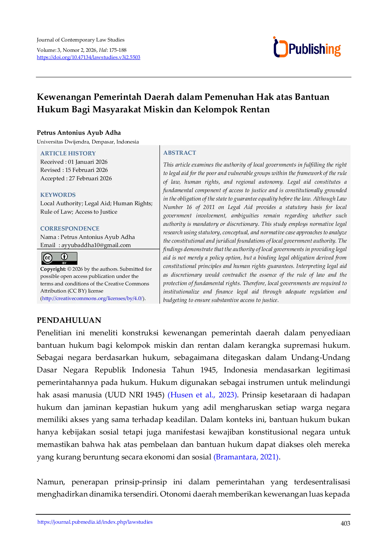 JURIS Kewenangan Pemerintah Daerah dalam Pemenuhan Hak atas Bantuan Hukum Bagi Masyarakat Miskin dan Kelompok Rentan