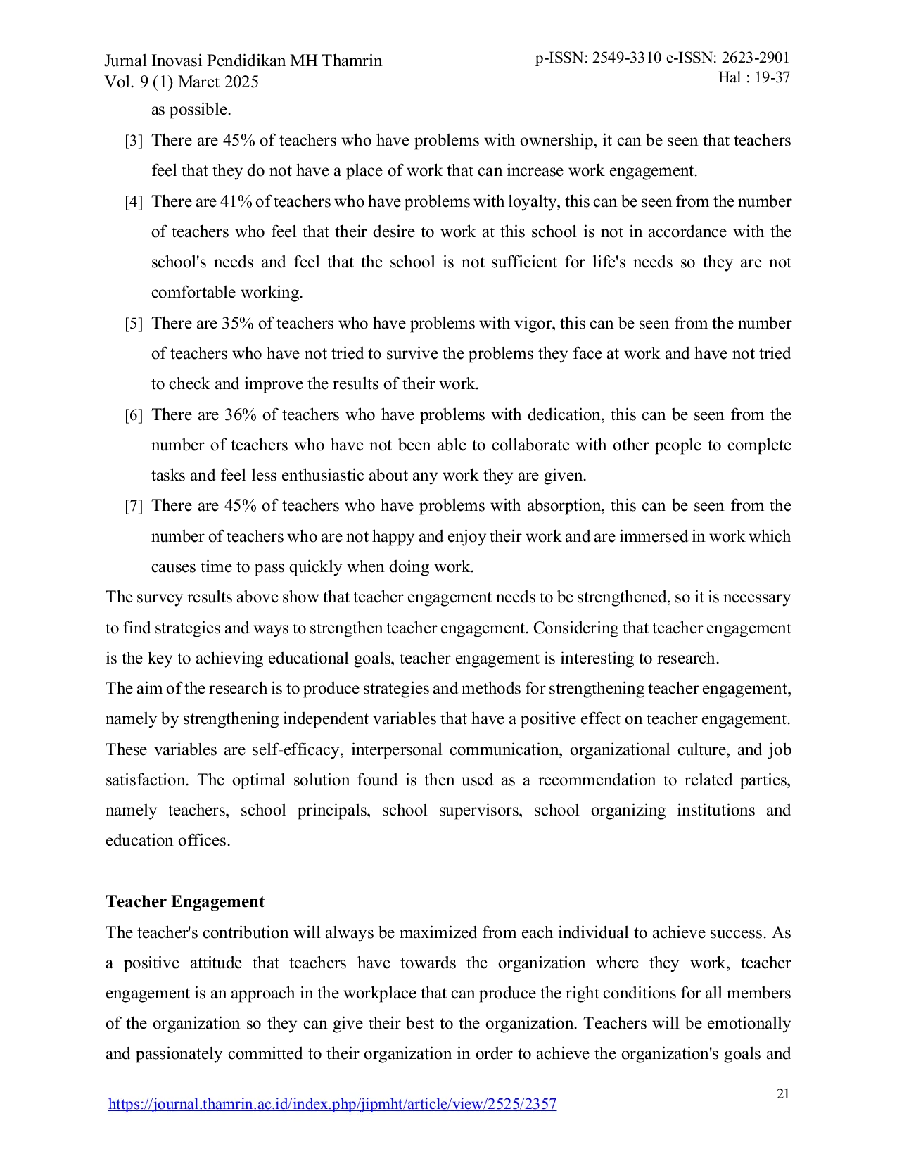 JURIS Smart Strategy to Increasing Teacher Engagement Through Strengthening Self Efficacy Interpersonal Communication Organizational Culture and Job Satisfaction