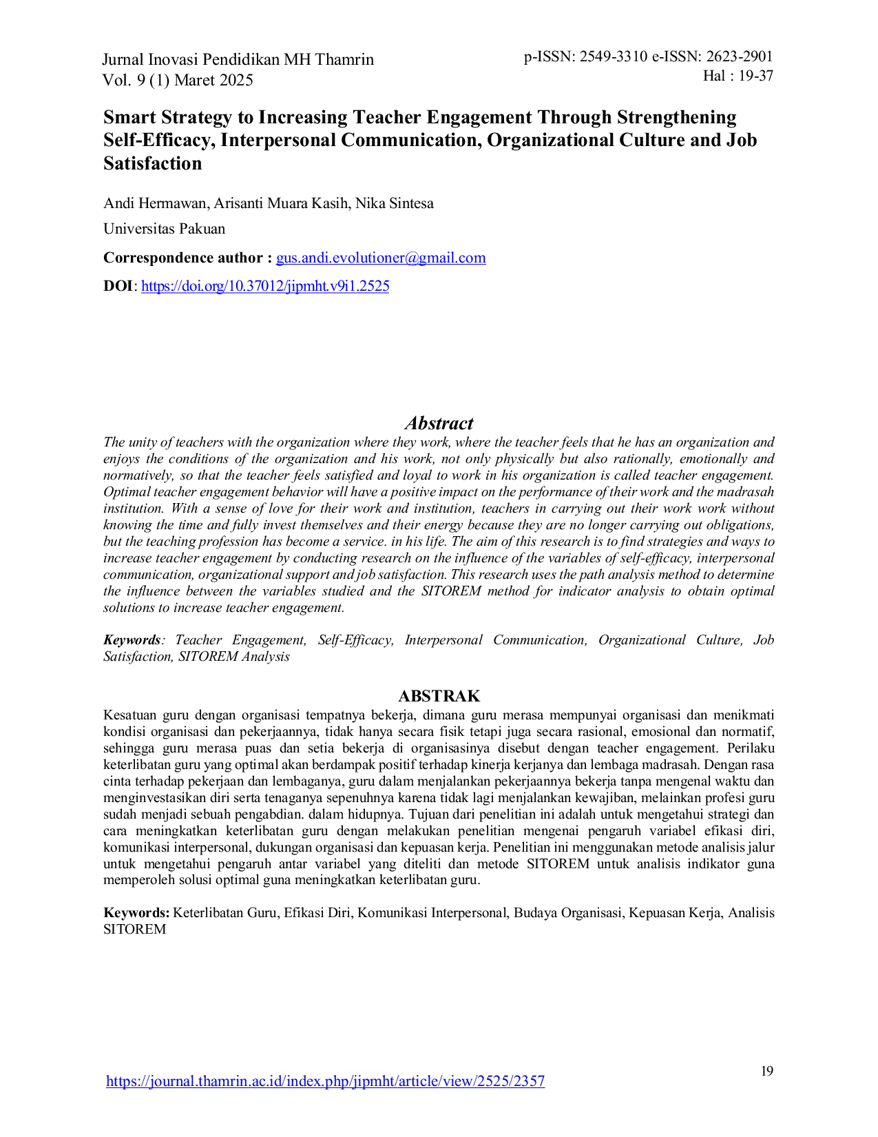 JURIS Smart Strategy to Increasing Teacher Engagement Through Strengthening Self Efficacy Interpersonal Communication Organizational Culture and Job Satisfaction