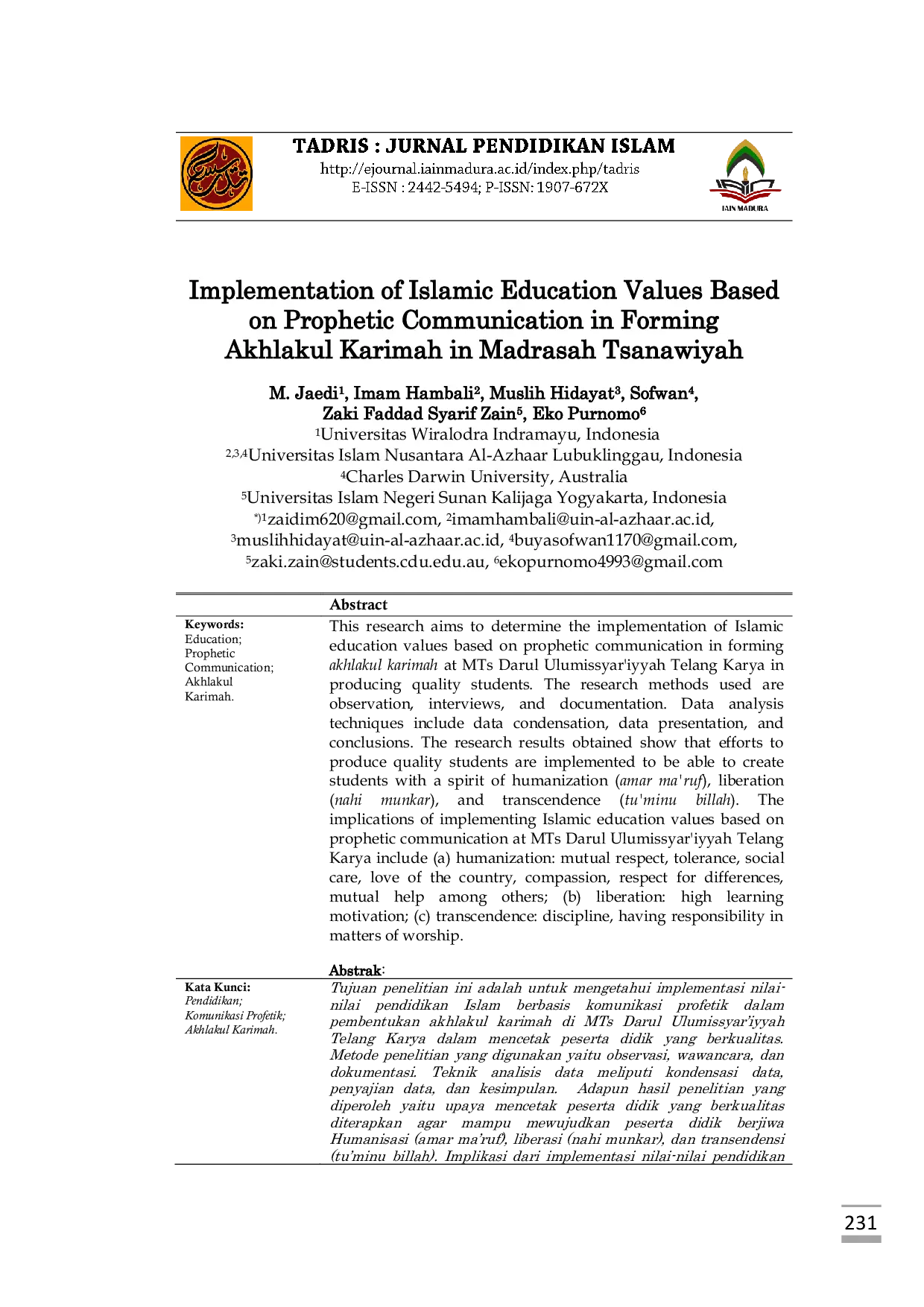 JURIS Implementation Of Islamic Education Values Based On Prophetic Communication In Forming Akhlakul Karimah In Madrasah Tsanawiyah