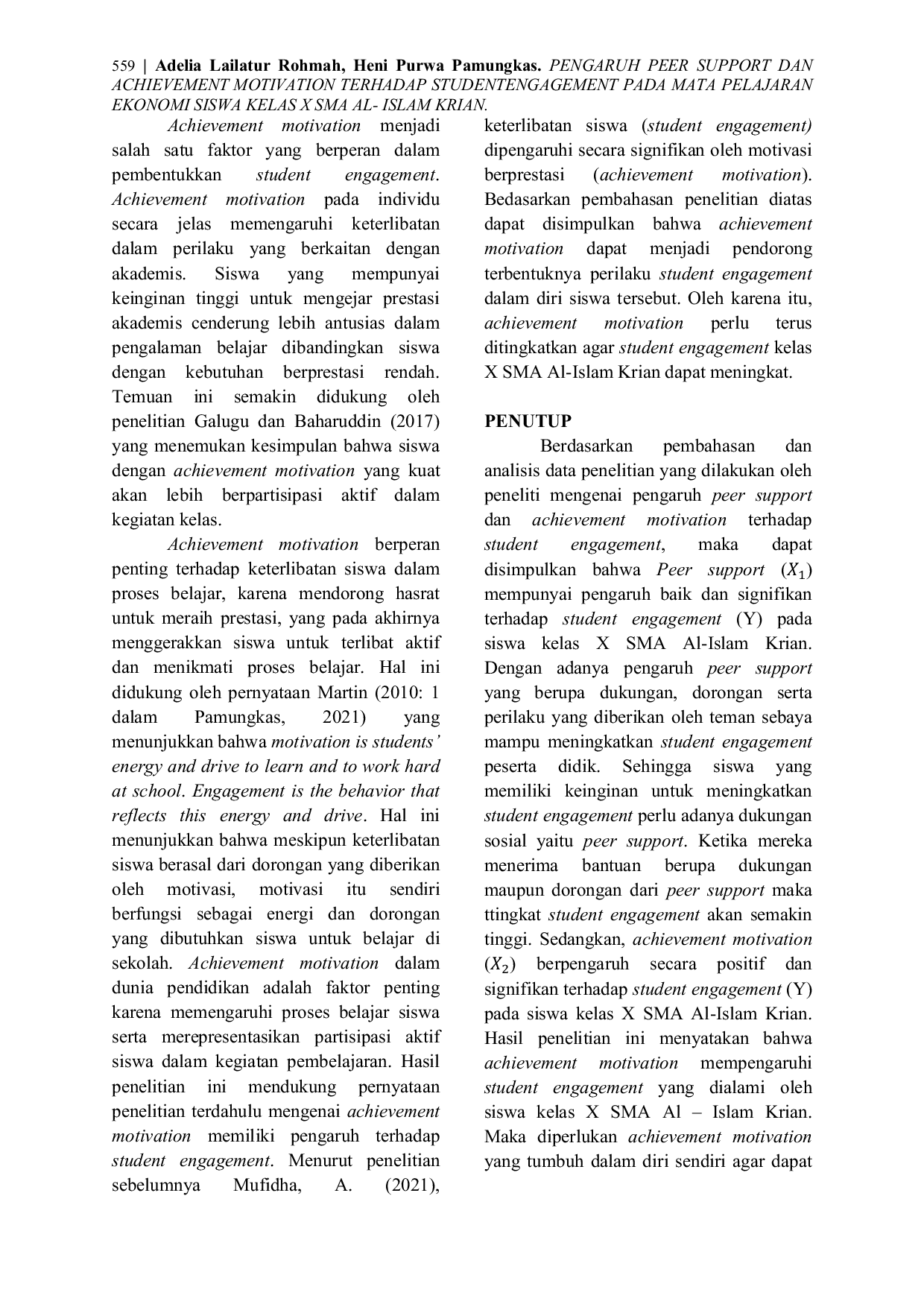 JURIS Pengaruh Peer Support dan Achievement Motivation Terhadap Student Engagement Pada Mata Pelajaran Ekonomi Siswa Kelas X SMA Al Islam Krian
