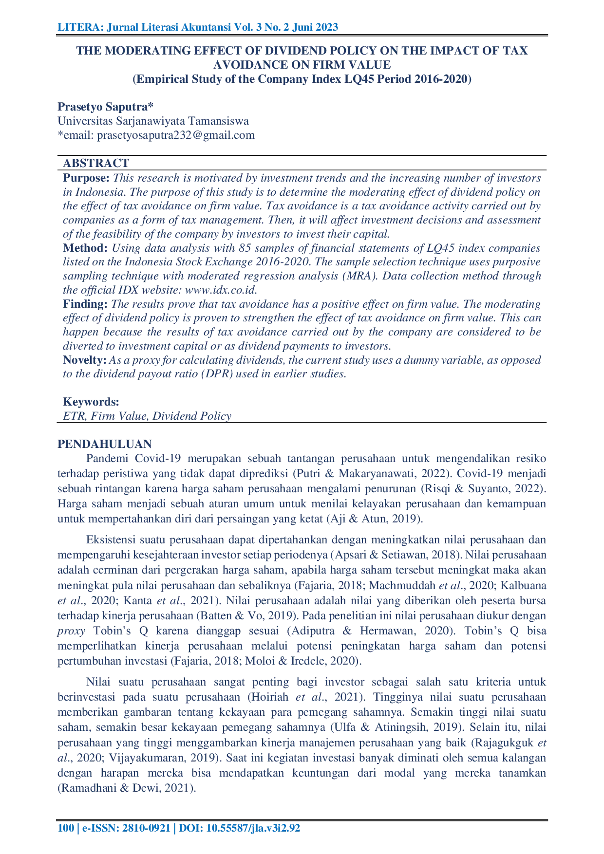 JURIS Efek Moderasi Kebijakan Dividen Pada Pengaruh Tax Avoidance Terhadap Nilai Perusahaan