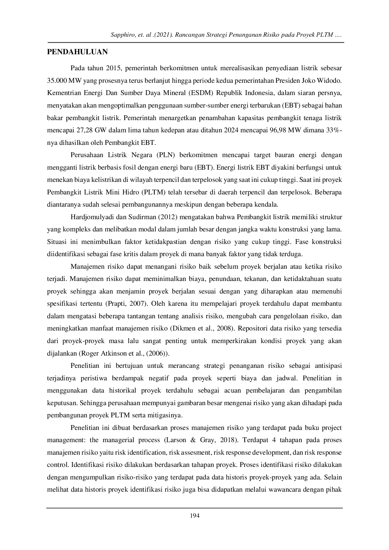 JURIS Rancangan Strategi Penanganan Risiko Pada Proyek PLTM Pembangkit Listrik Mini Hidro di Indonesia