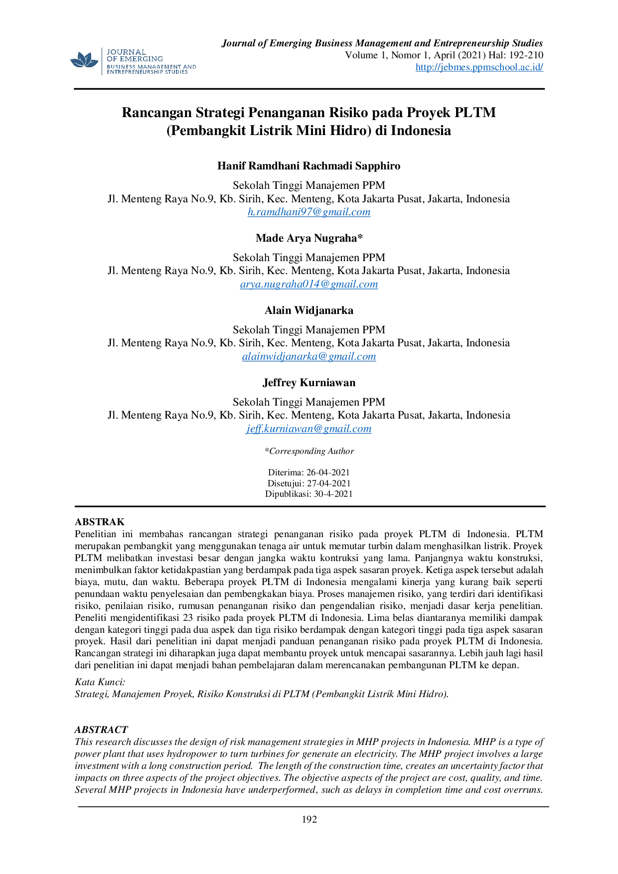 JURIS Rancangan Strategi Penanganan Risiko Pada Proyek PLTM Pembangkit Listrik Mini Hidro di Indonesia