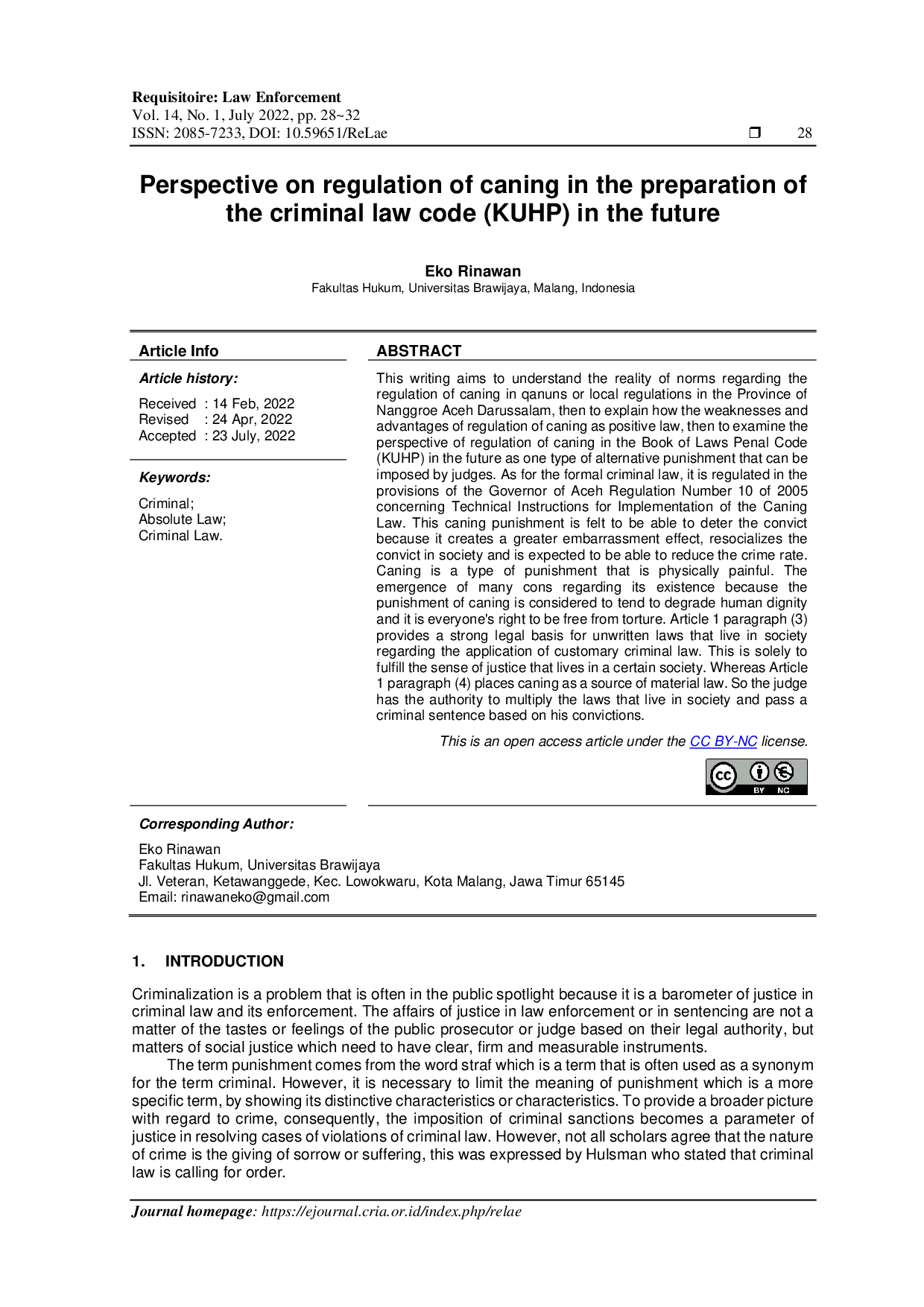 JURIS Perspective On Regulation Of Caning In The Preparation Of The Criminal Law Code KUHP In The Future