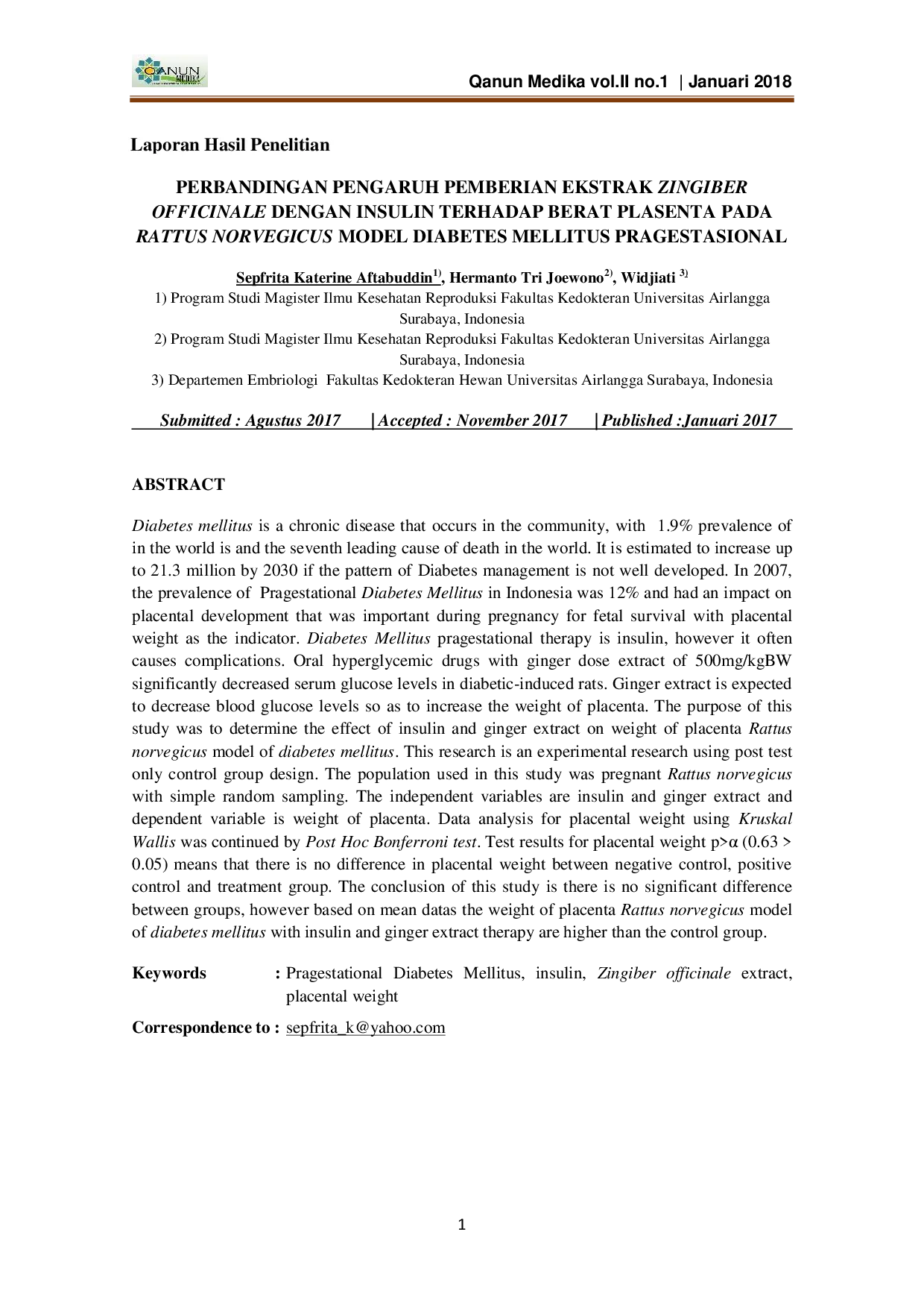 JURIS Perbandingan Pengaruh Pemberian Ekstrak Zingiber Officinale dengan Insulin Terhadap Berat Plasenta pada Rattus Norvegicus Model Diabetes Mellitus Pragestasional