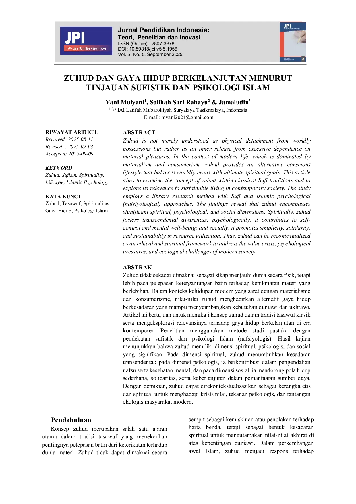 JURIS Zuhud dan Gaya Hidup Berkelanjutan Menurut Tinjauan Sufistik dan Psikologi Islam
