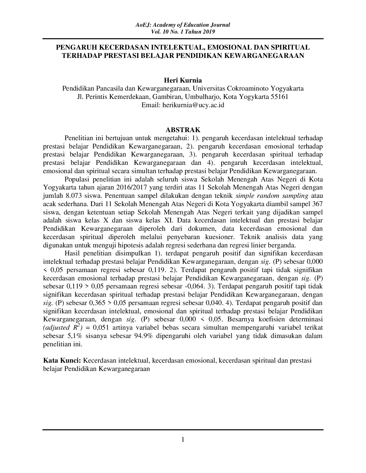 JURIS Pengaruh Kecerdasan Intelektual Emosional dan Spiritual Terhadap Prestasi Belajar Pendidikan Kewarganegaraan