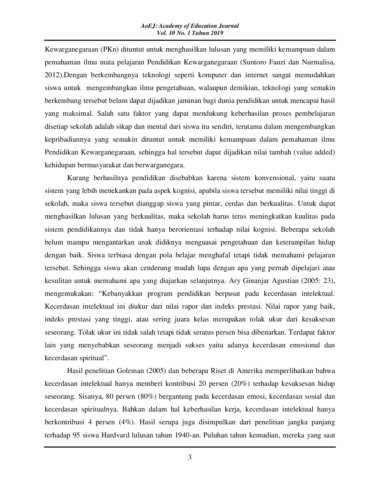 JURIS Pengaruh Kecerdasan Intelektual Emosional dan Spiritual Terhadap Prestasi Belajar Pendidikan Kewarganegaraan