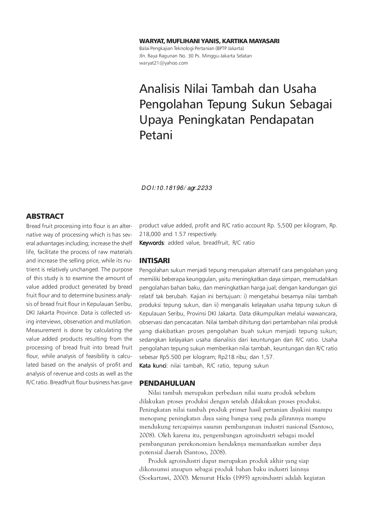 JURIS Analisis Nilai Tambah dan Usaha Pengolahan Tepung Sukun Sebagai Upaya Peningkatan Pendapatan Petani