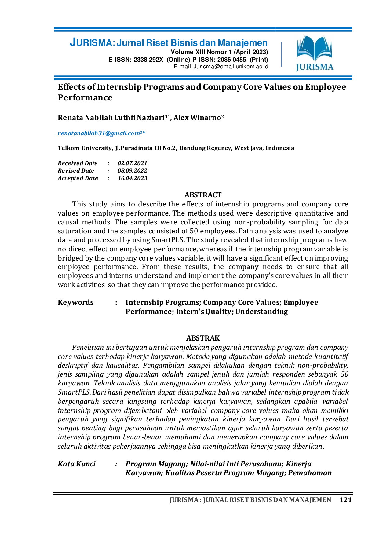 JURIS Effect of Internship Program and Company Core Values on Employee Performance