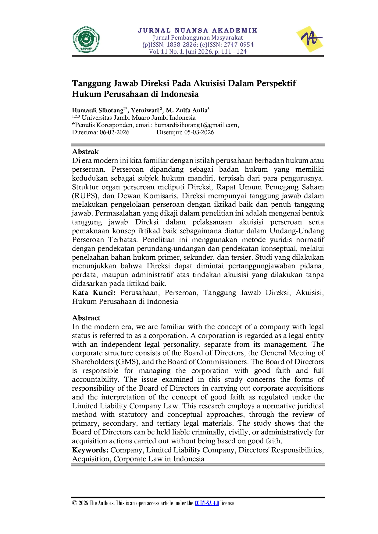 JURIS Tanggung Jawab Direksi Pada Akuisisi Dalam Perspektif Hukum Perusahaan di Indonesia