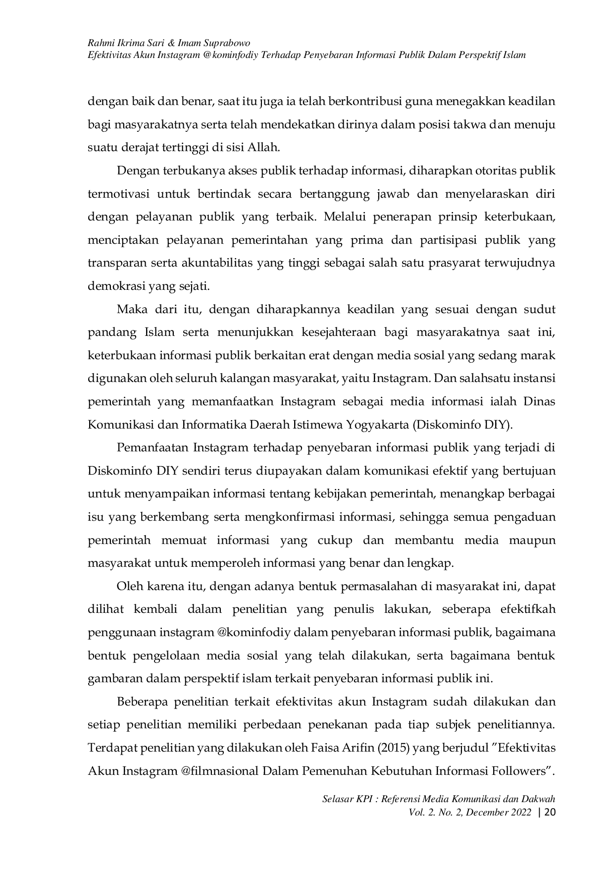 JURIS Efektivitas Akun Instagram kominfodiy Terhadap Penyebaran Informasi Publik Dalam Perspektif Islam