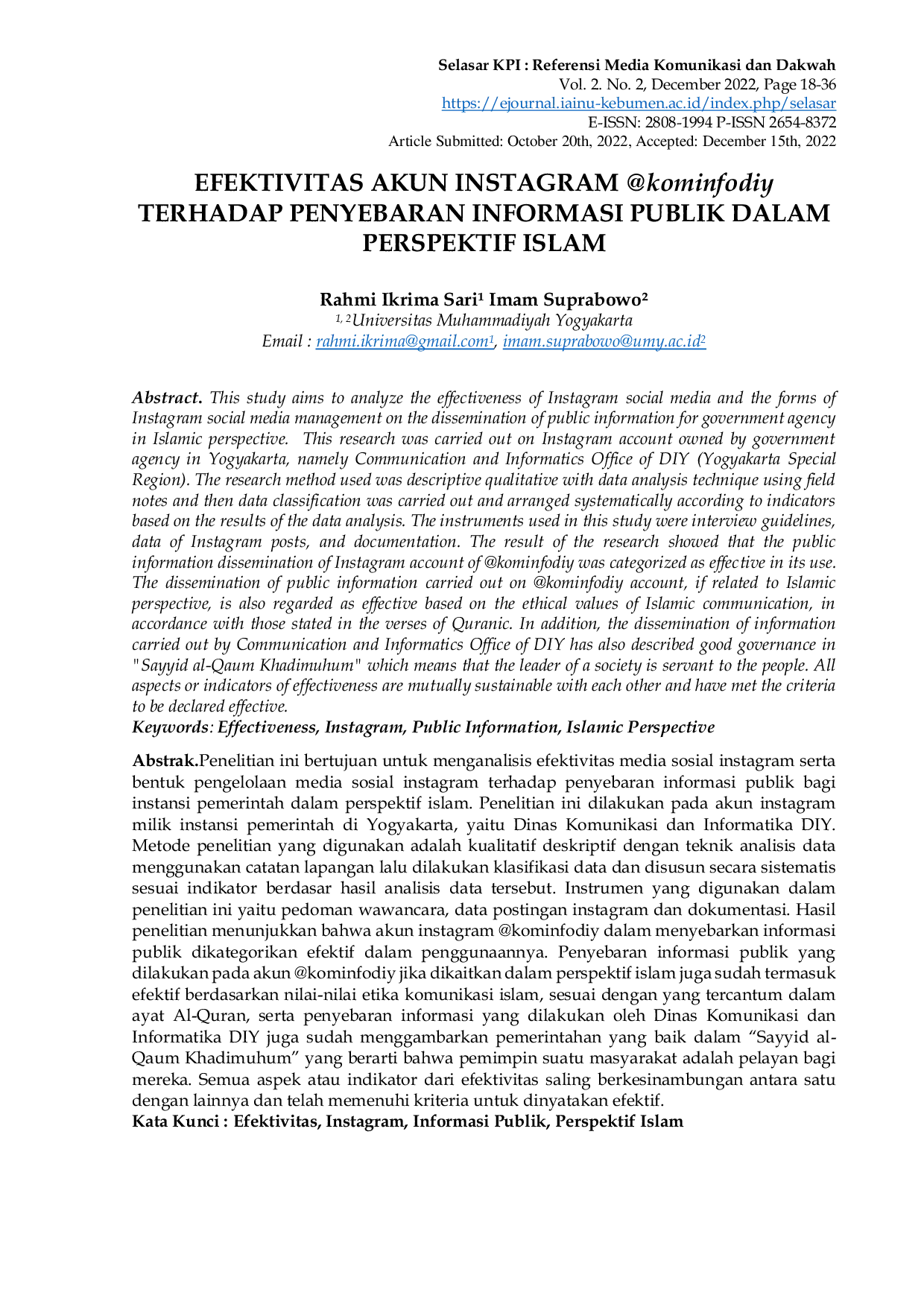 JURIS Efektivitas Akun Instagram kominfodiy Terhadap Penyebaran Informasi Publik Dalam Perspektif Islam