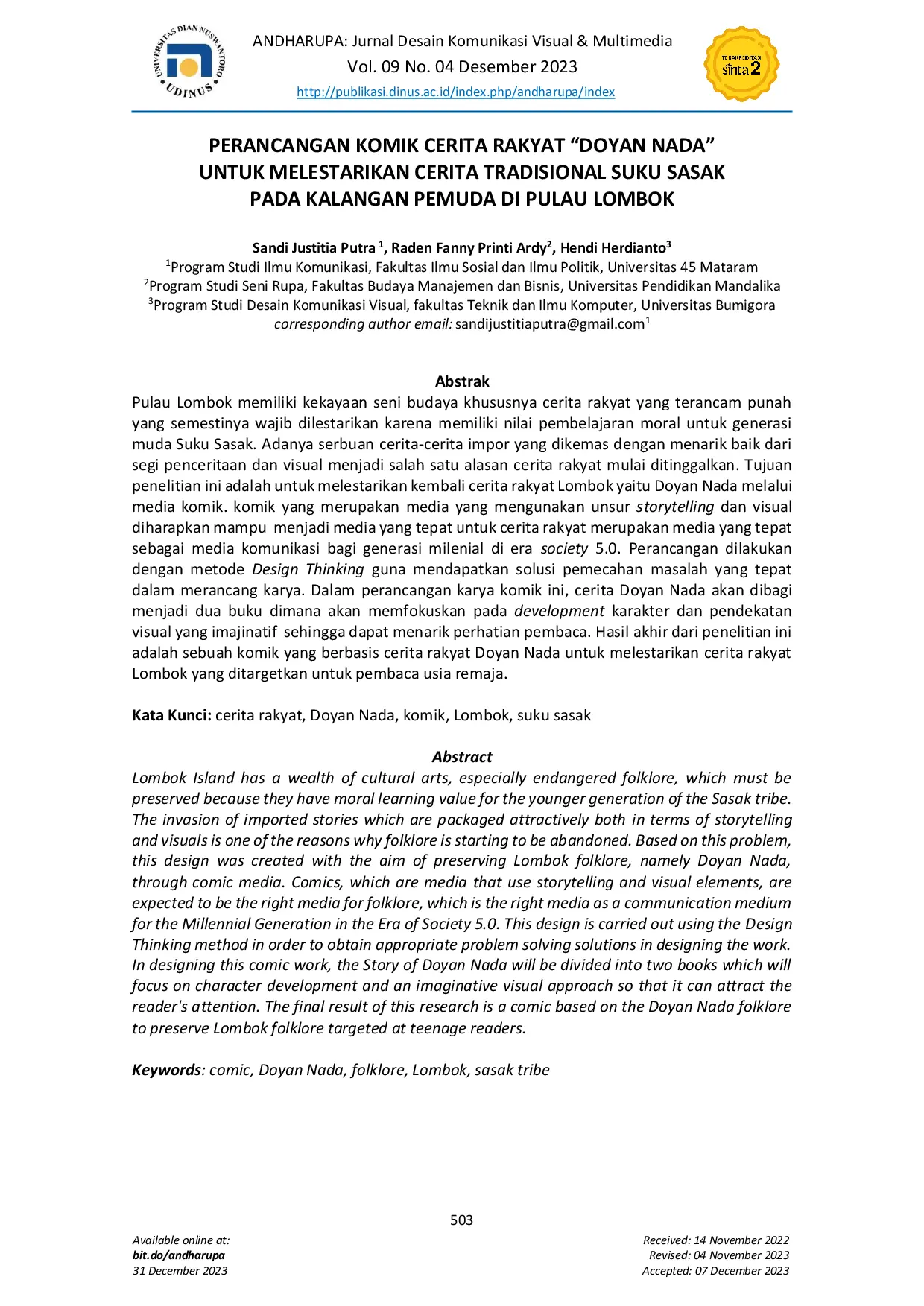JURIS Perancangan Komik Cerita Rakyat Doyan Nada untuk Melestarikan Cerita Tradisional Suku Sasak pada Kalangan Pemuda di Pulau Lombok