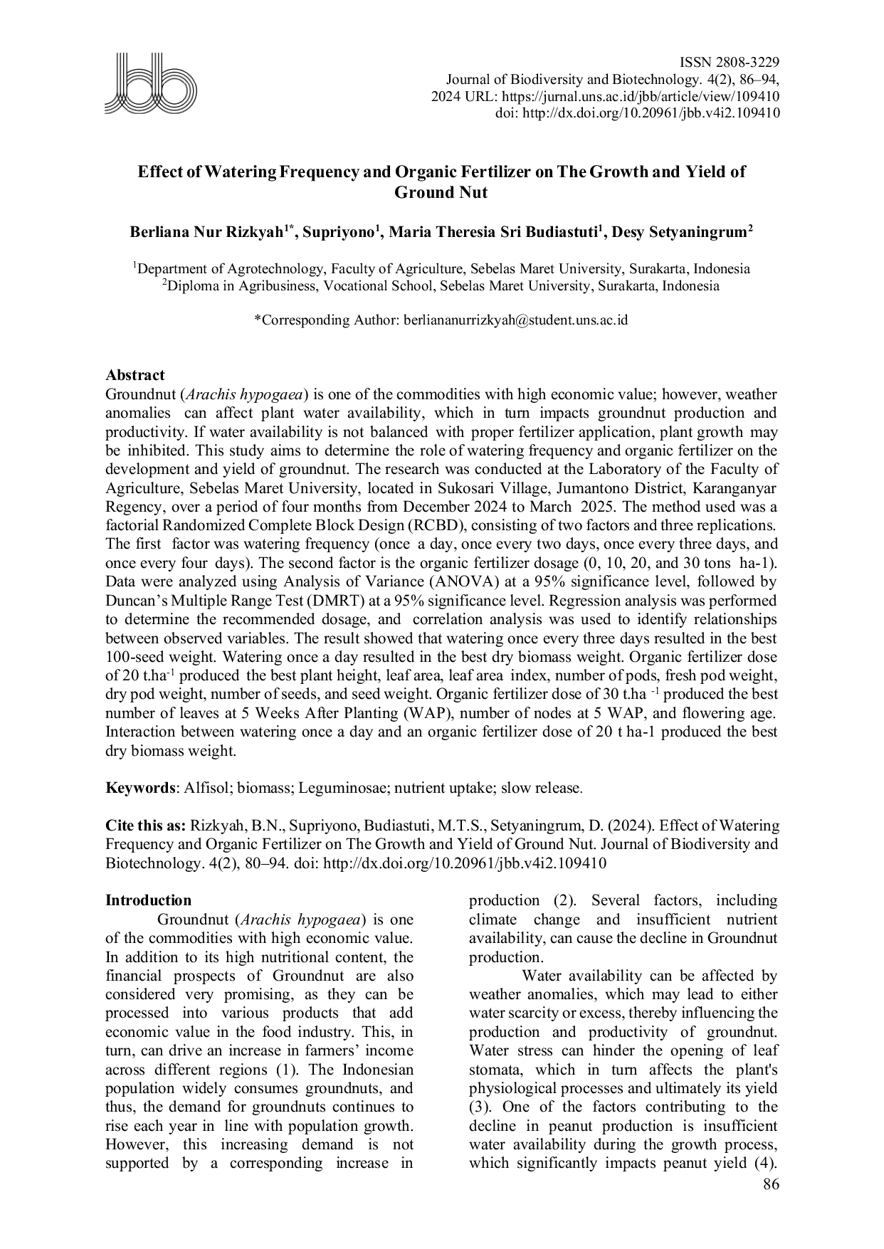 JURIS Effect of Watering Frequency and Organic Fertilizer on the Growth and Yield of Ground Nut