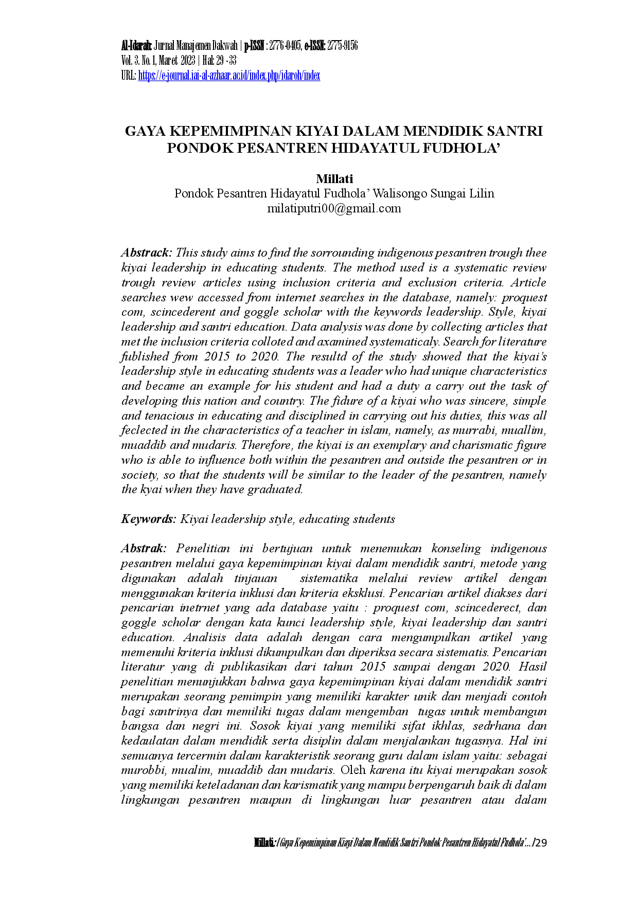 juris Gaya Kepemimpinan Kiyai Dalam Mendidik Santri Pondok Pesantren Hidayatul Fudhola