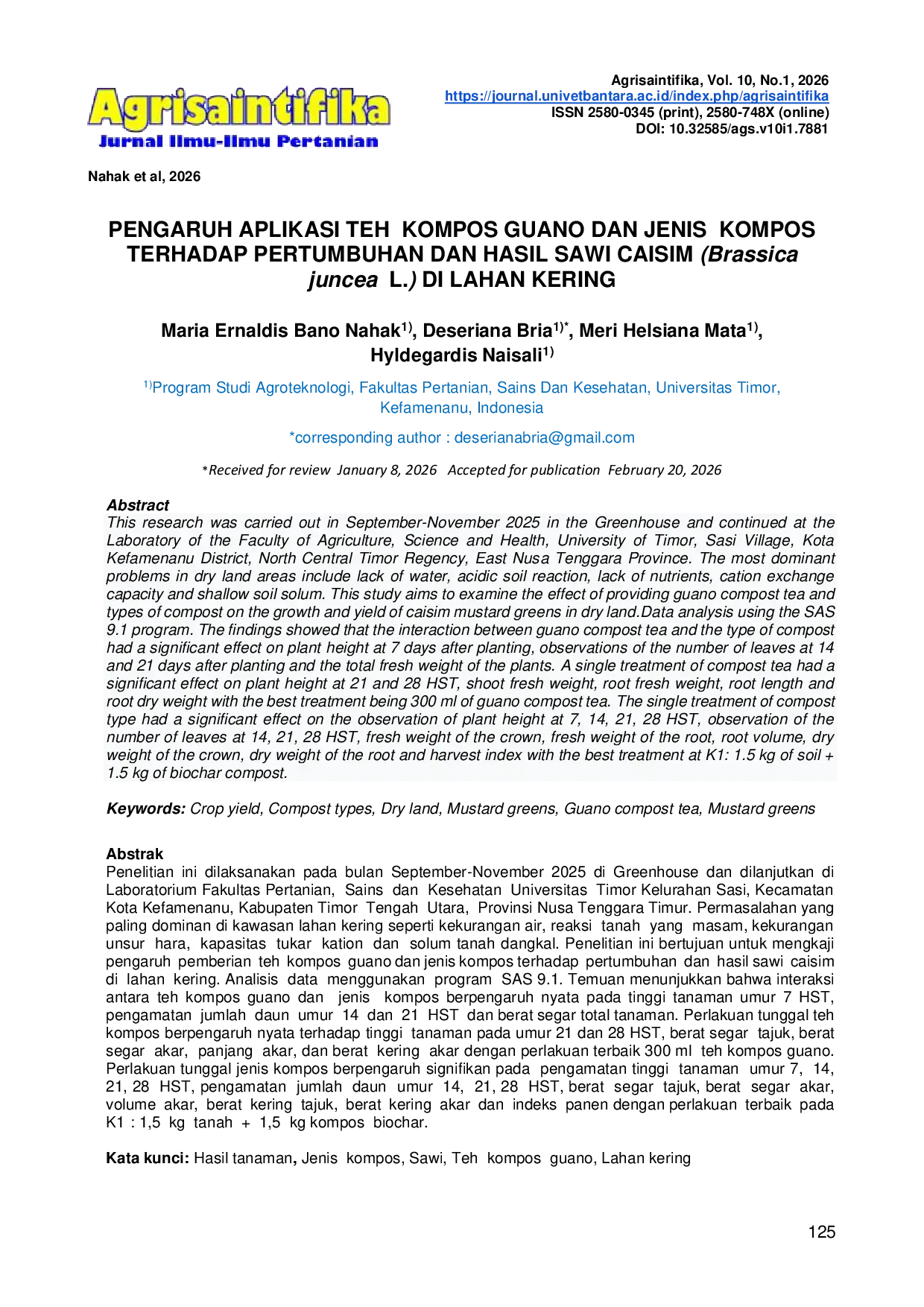 JURIS THE EFFECT OF GUANO COMPOST AND COMPOST TYPES ON THE GROWTH AND YIELD OF CAISIM MUSTARD Brassica juncea L IN DRY LANDS