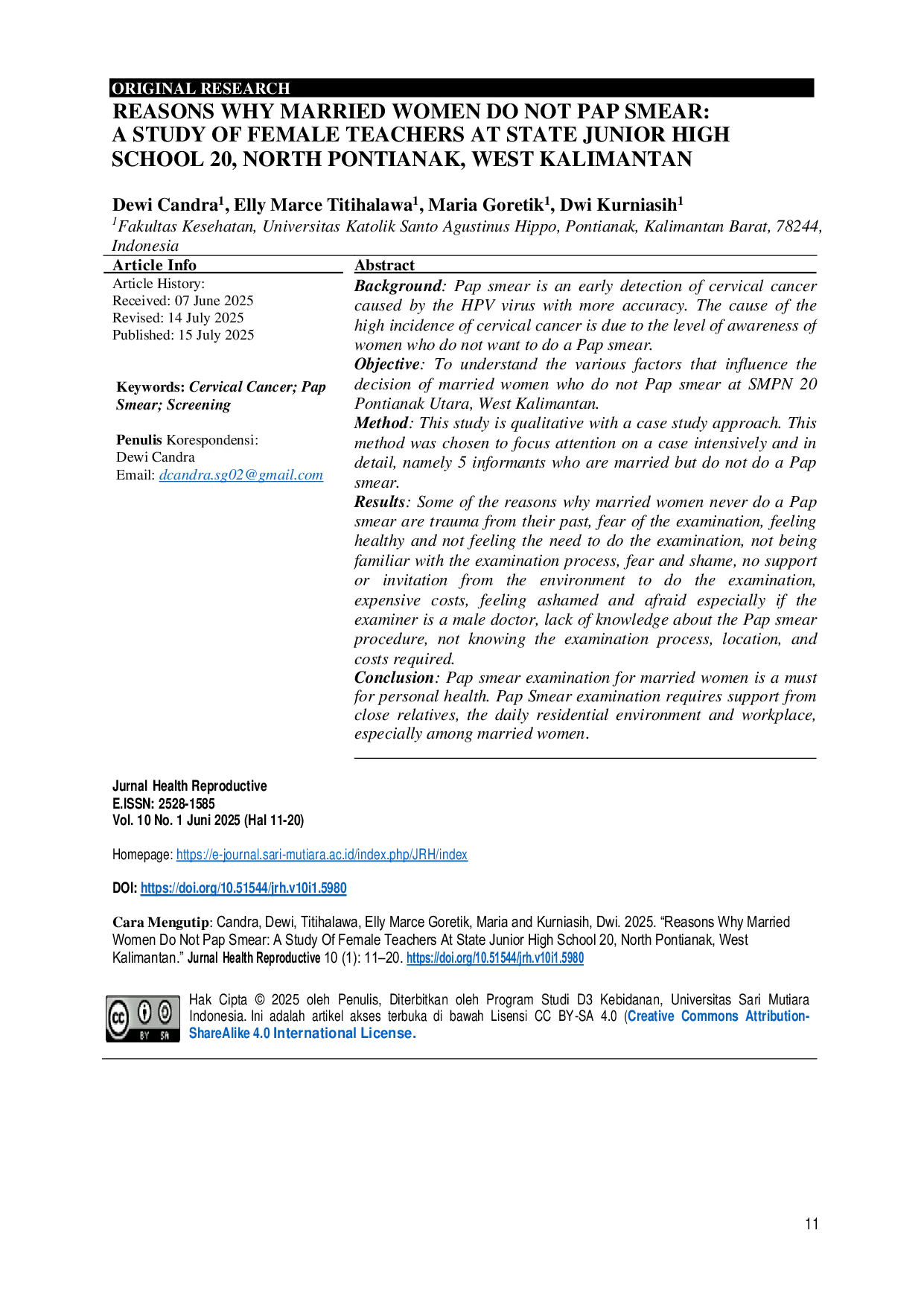 JURIS Reasons Why Married Women Do Not Pap Smear A Study Of Female Teachers At State Junior High School 20 North Pontianak West Kalimantan