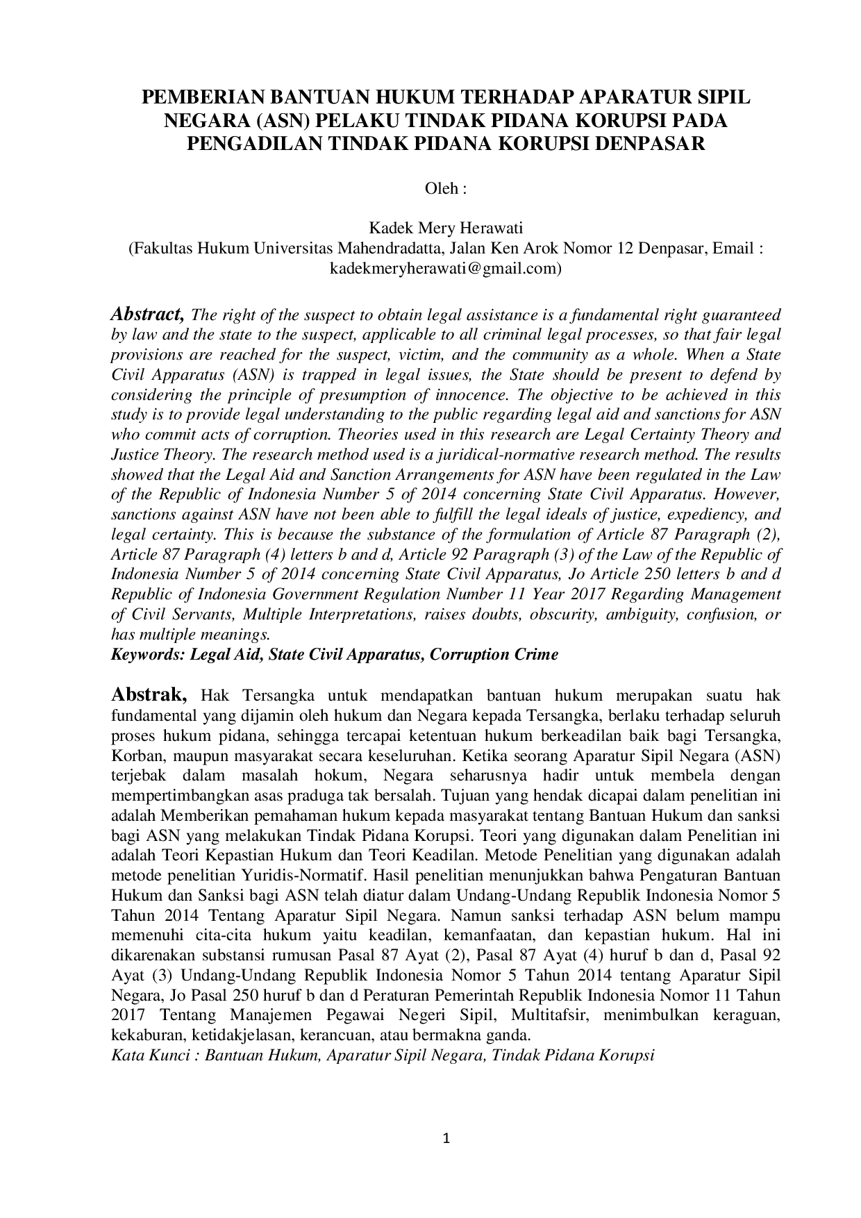 JURIS Pemberian Bantuan Hukum Terhadap Aparatur Sipil Negara ASN Pelaku Tindak Pidana Korupsi Pada Pengadilan Tindak Pidana Korupsi Denpasar