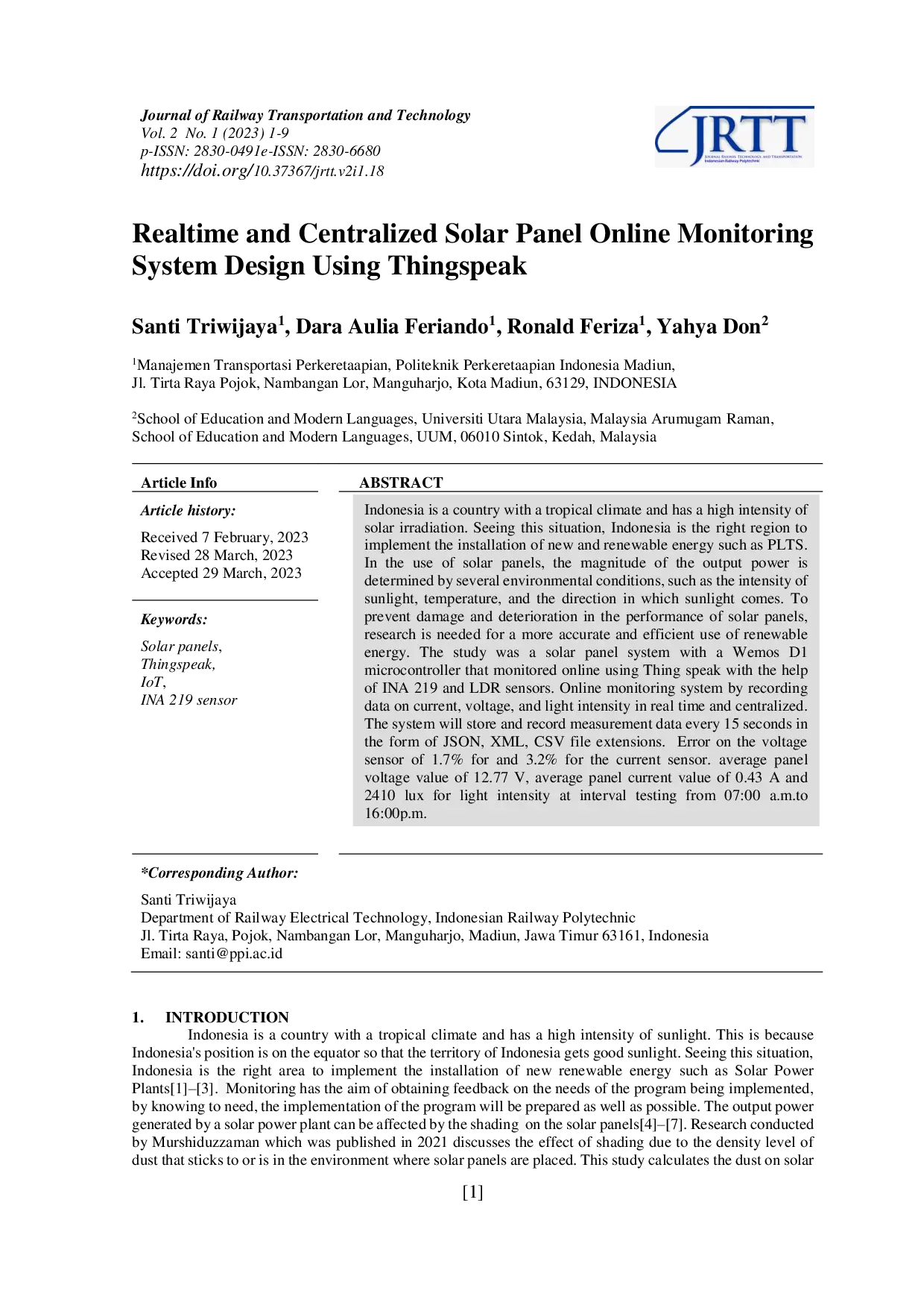 JURIS Realtime And Centralized Solar Panel Online Monitoring System Design Using Thingspeak