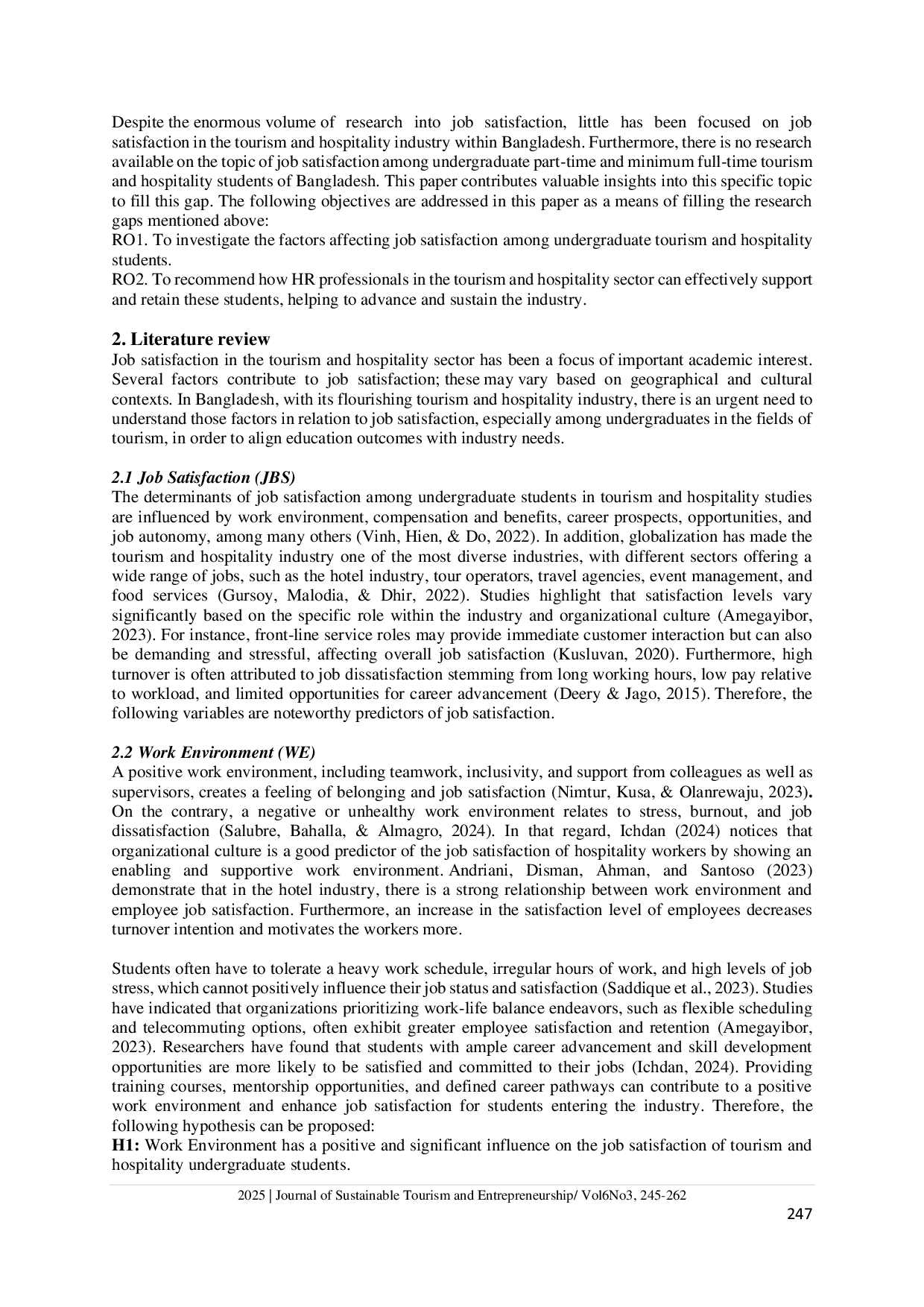 JURIS Factors influencing job satisfaction among tourism and hospitality undergraduate students A path to a sustainable tourism industry in Bangladesh