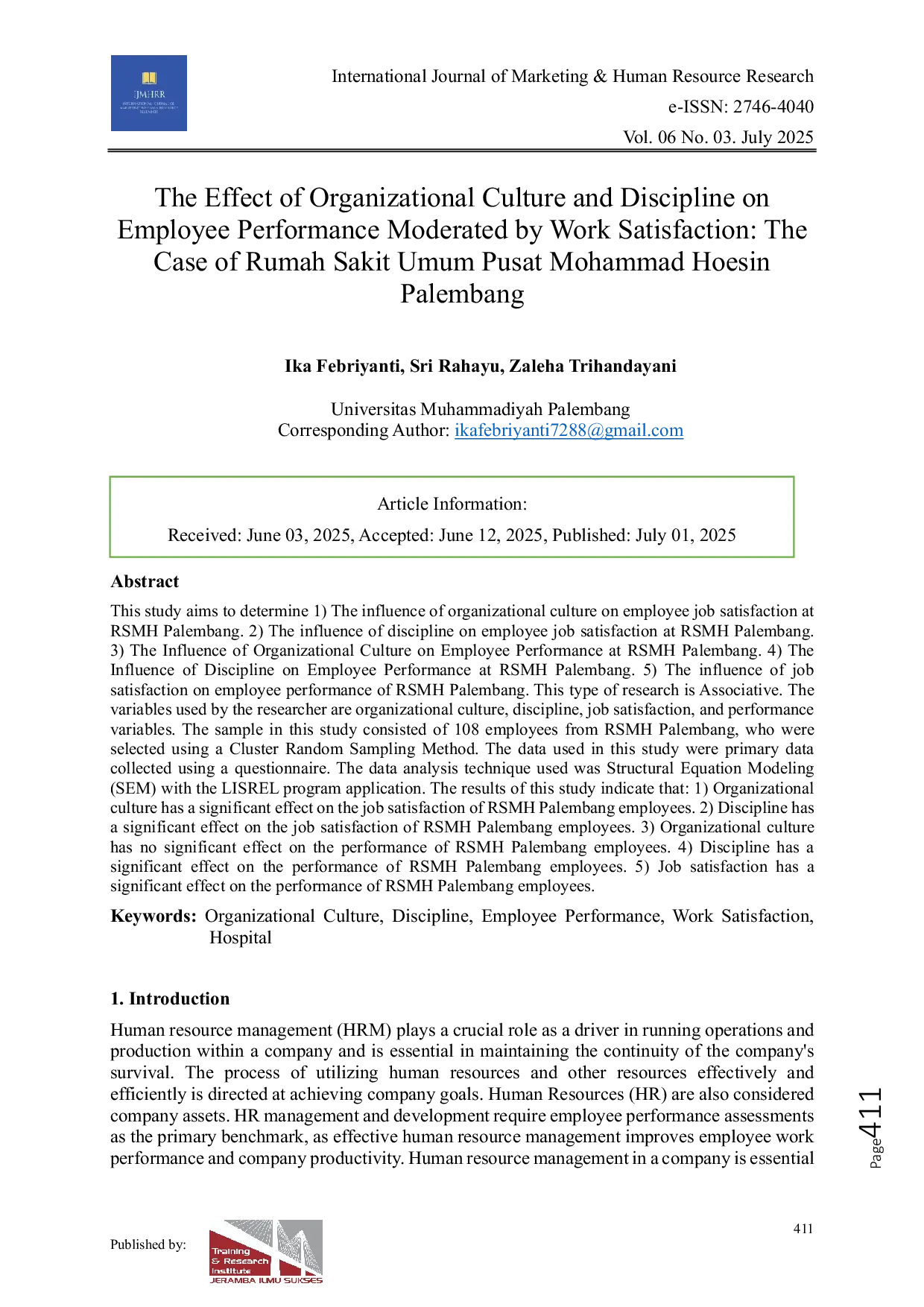 JURIS The Effect of Organizational Culture and Discipline on Employee Performance Moderated by Work Satisfaction The Case of Rumah Sakit Umum Pusat Mohammad Hoesin Palembang