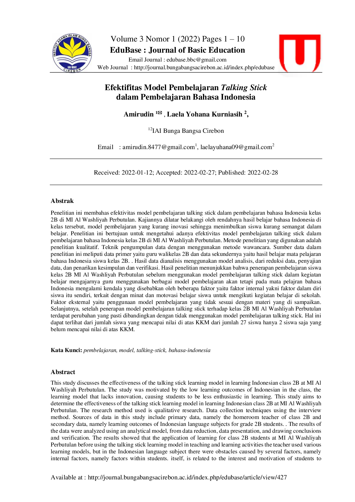 JURIS Efektifitas Model Pembelajaran Talking Stick dalam Pembelajaran Bahasa Indonesia