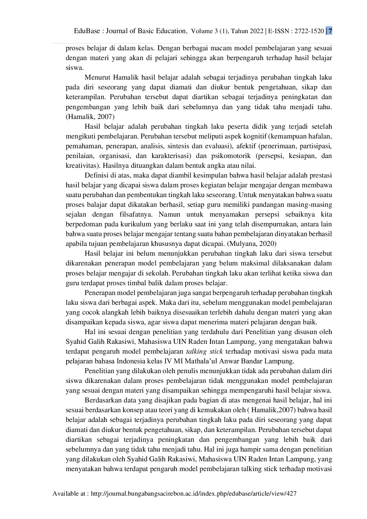 JURIS Efektifitas Model Pembelajaran Talking Stick dalam Pembelajaran Bahasa Indonesia