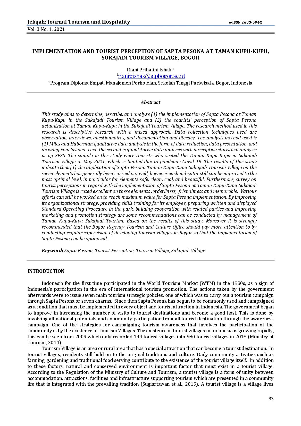 juris Implementation and Tourist Perception of Sapta Pesona at Taman Kupu Kupu Sukajadi Tourism Village Bogor