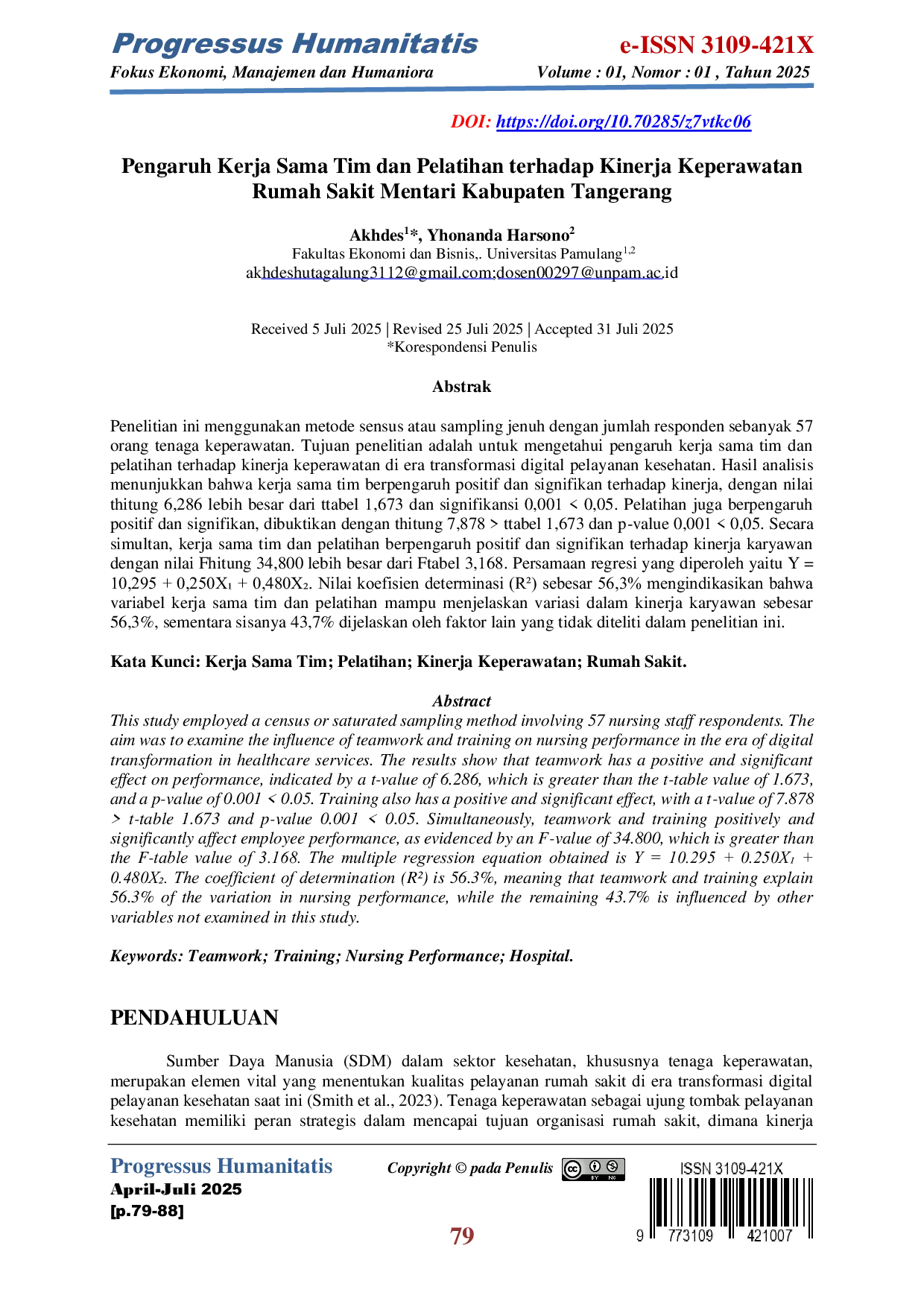 JURIS Pengaruh Kerja Sama Tim dan Pelatihan terhadap Kinerja Keperawatan Rumah Sakit Mentari Kabupaten Tangerang